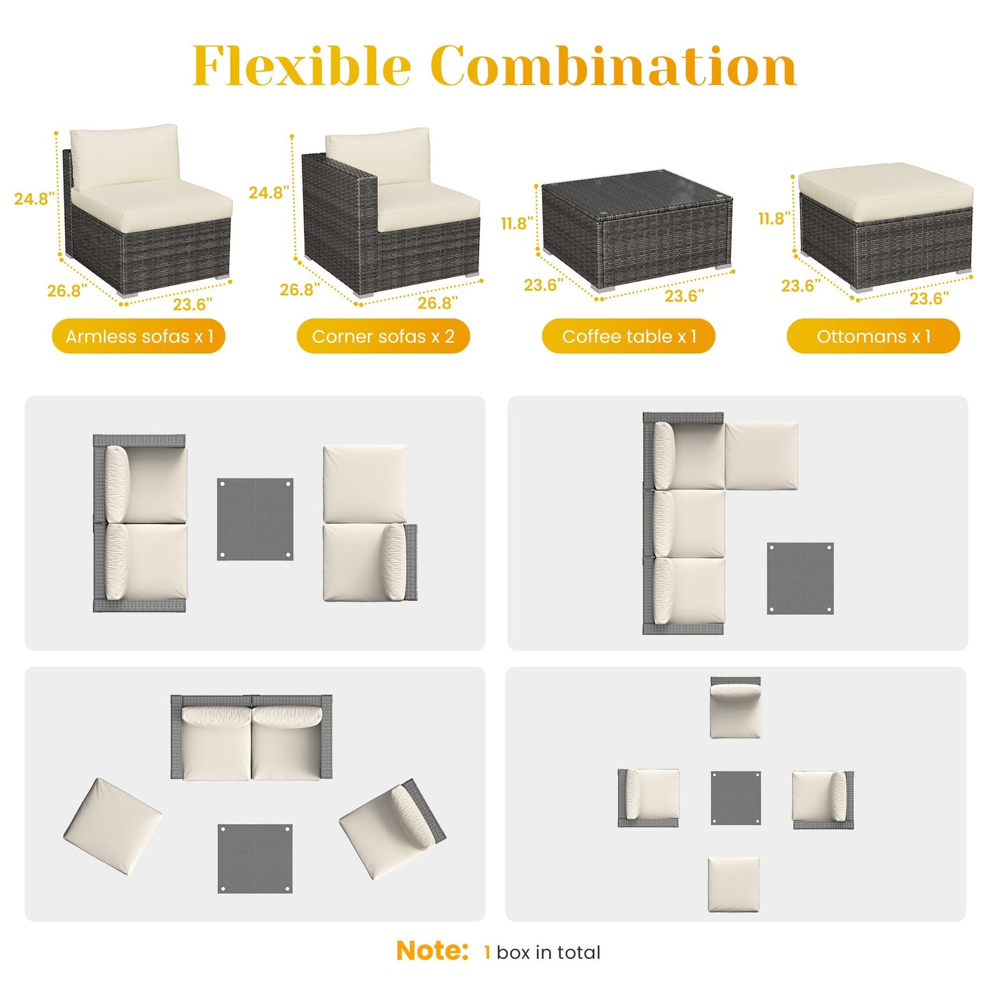 SUNVIVI OUTDOOR Outdoor Patio Furniture Set, 5 Piece Patio Conversation Set, Waterproof Wicker Patio Furniture Set, All Weather Combination Patio Conversation Sets with Cushions and Glass Table, Beige