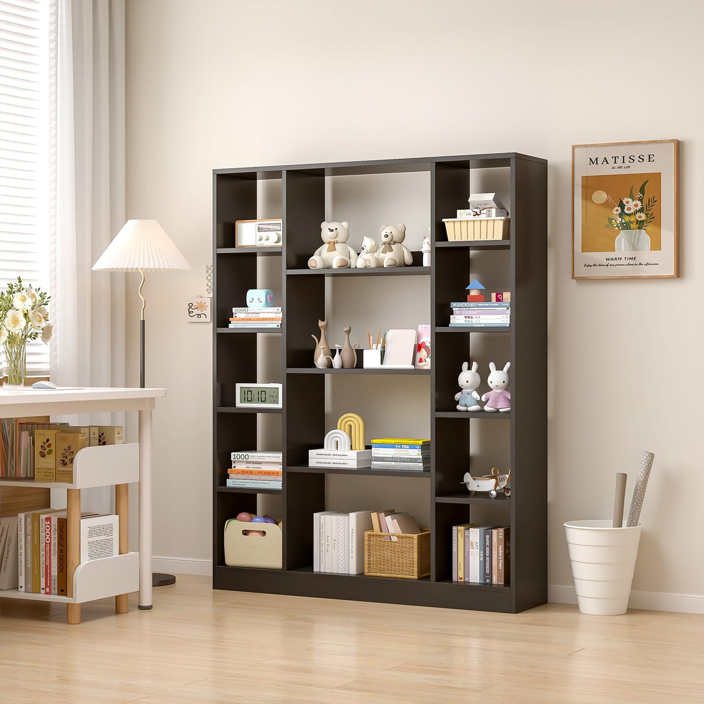 OSCHF Cube Storage Bookcase with Base - Large Wooden Bookshelf with 10 Open Cubes and 4 Shelves for Home and Office, Freestanding Organizer, Black