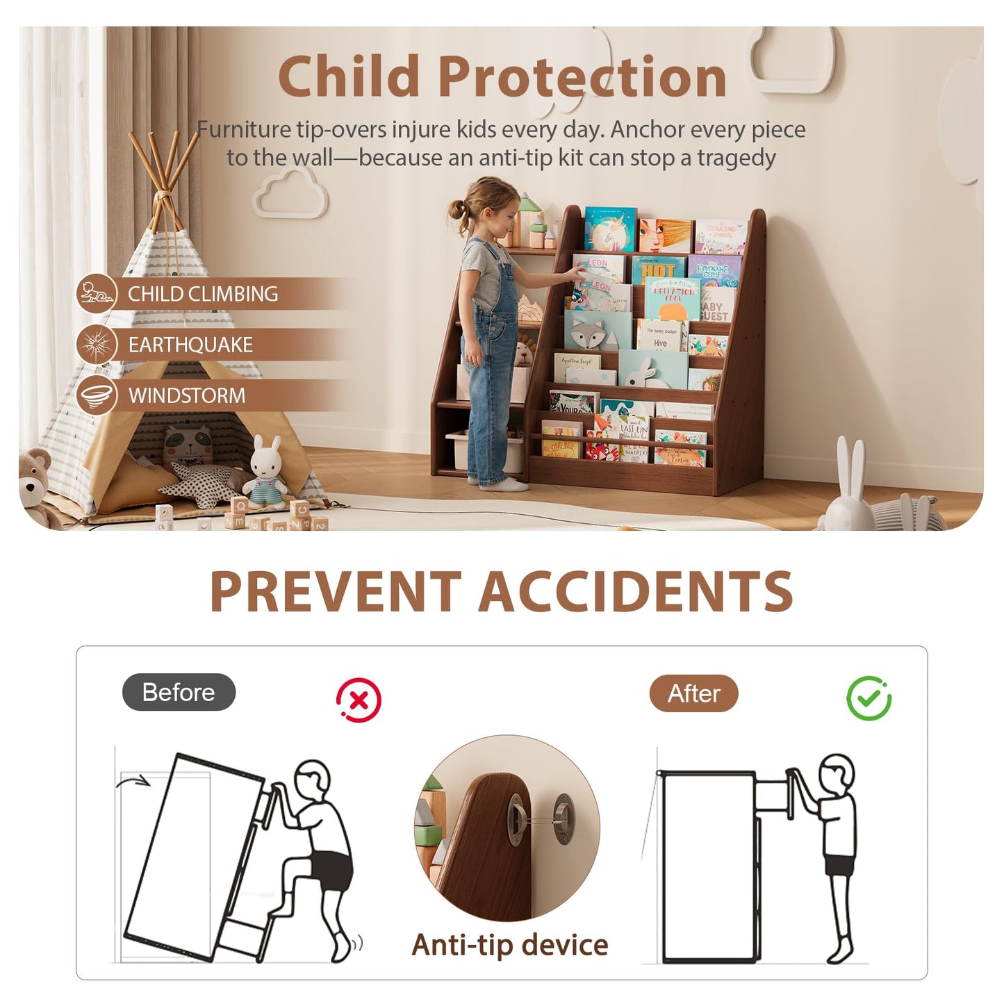 DONGMUWUJEE Solid Wood Kids Bookshelf and Storage Organizer, 7 Layer Children Bookcase, Baby Toddler Wooden Book Shelf, Display Cabinet for Playroom, Bedroom, Classroom, Nursery, School, Walnut
