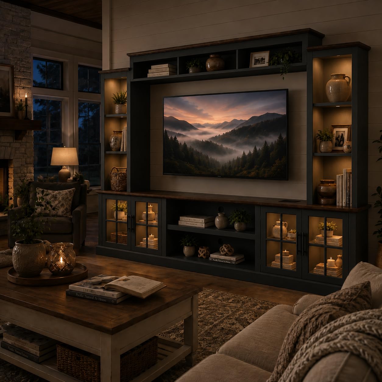 Nordivale Black Farmhouse TV Stand, Entertainment Center, 98" Wall Unit Media Console with Bookshelf, Cabinet & Power Outlets & Barn Doors, Fits TVs Up to 75” for Living Room