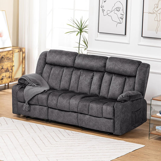 COMHOMA Manual Recliner Chair Set，Fabric Reclining Sofa Chair with Cup Holders, Upholstered Recliner with Side Pockets Suitable for Living Room Furniture (3)