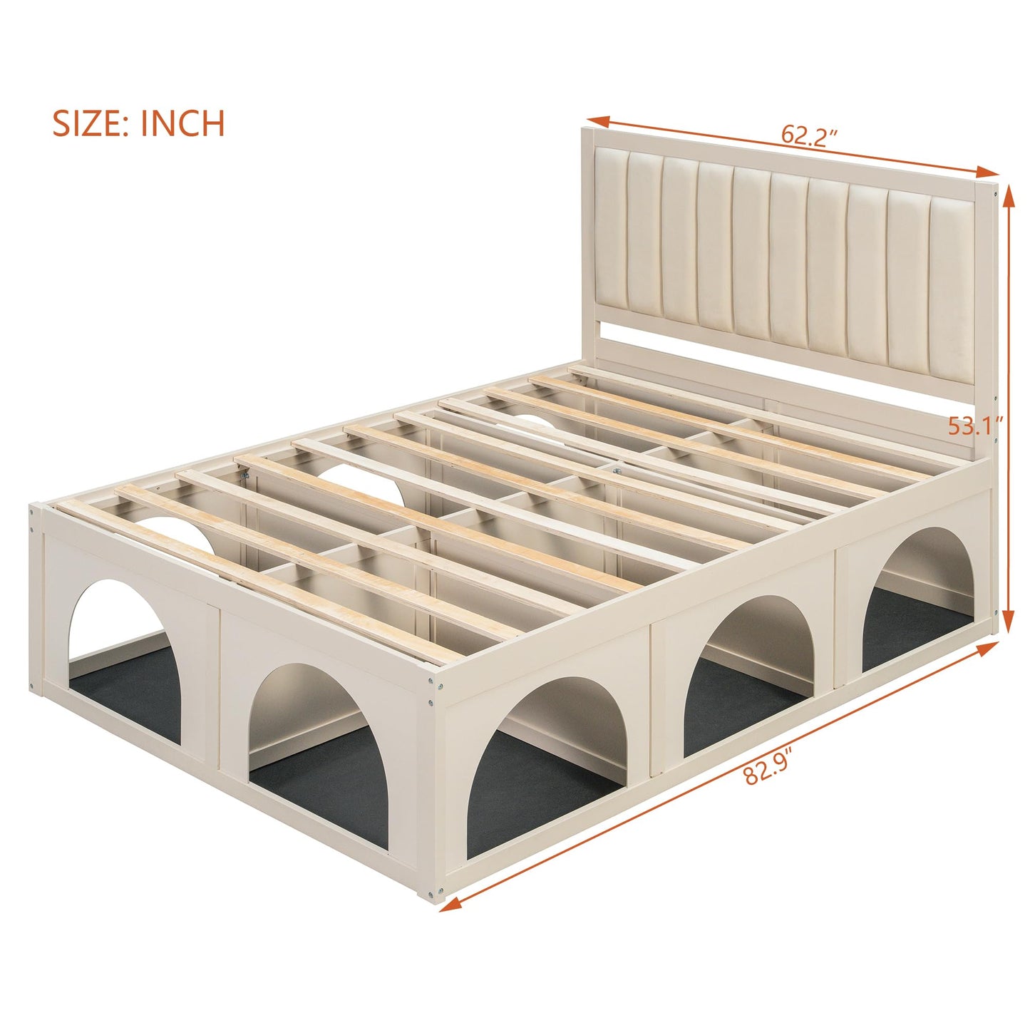 Christopher Knight Home Queen Size Pet-Friendly Platform Bed Frame with Upholstered Headboard, Elevated Bed with Under-Bed Pet Nook and Storage Space, Wood Slat Support, No Box Spring Needed, Beige