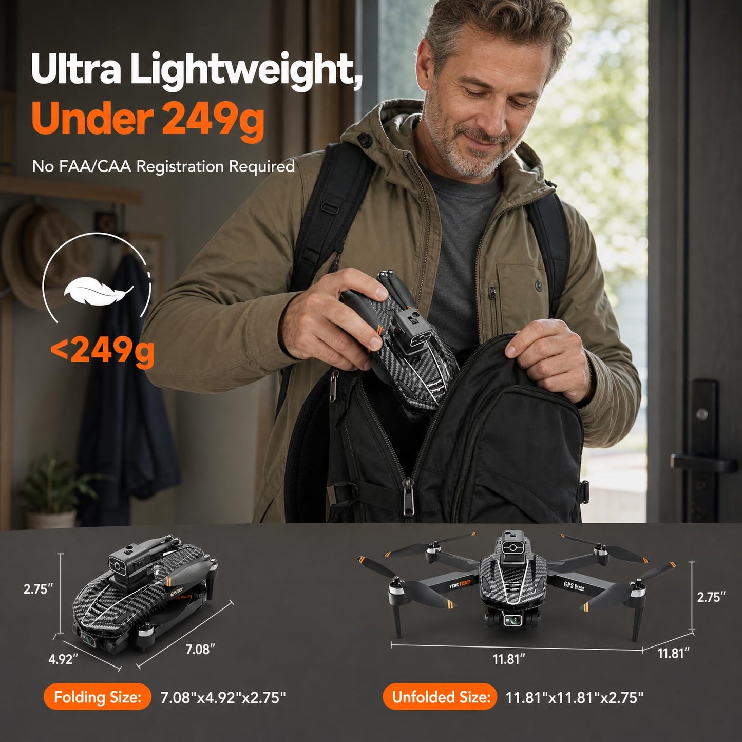 A16 GPS Drone with 4K Camera EIS for Adults, RC Camera Drones with 4.5" HD Screen, GPS Follow & Auto Return & Obstacle Avoidance, Brushless, Long Range Transmission, 3 Speed Adjustable, 60 Mins Flight Time with 2 Batteries, Foldable Drone Kit, Under 249g
