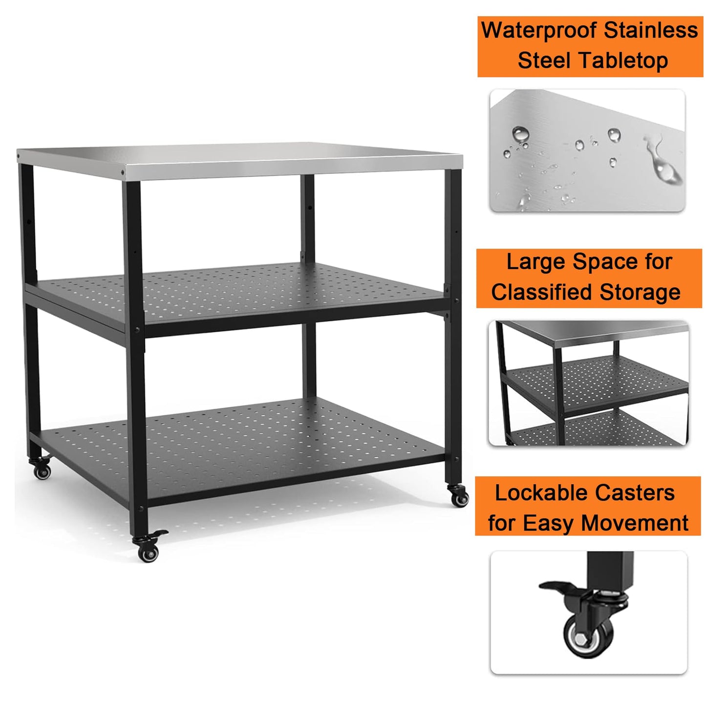 Mimiuo 31.5" Square Pizza Oven Stand – Heavy Duty Stainless Steel Table for Ooni, Blackstone, Ninja, Outdoor BBQ Cart with 3 Adjustable Shelves, Locking Wheels, Propane Tank Compatible 31.5x31.5x33 in