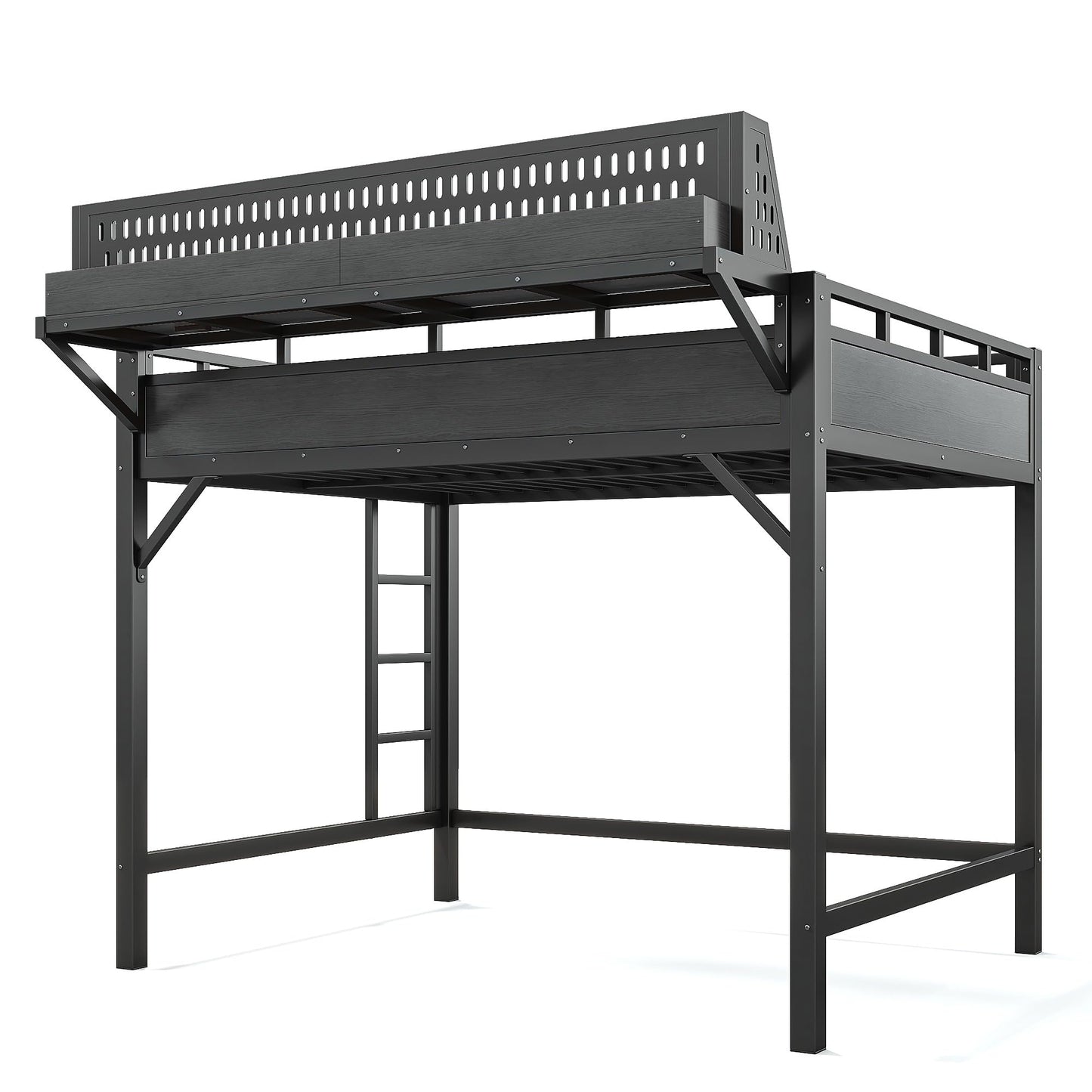 FammyLoft Full Size Loft Bed Frame, Metal Loft Bed with Storage Shelves, Pegboard and Ladder, Space Saving Loft Bed with USB Ports and LED Lightsfor Adults, Kids, Teens, 350 lb Capacity, Black