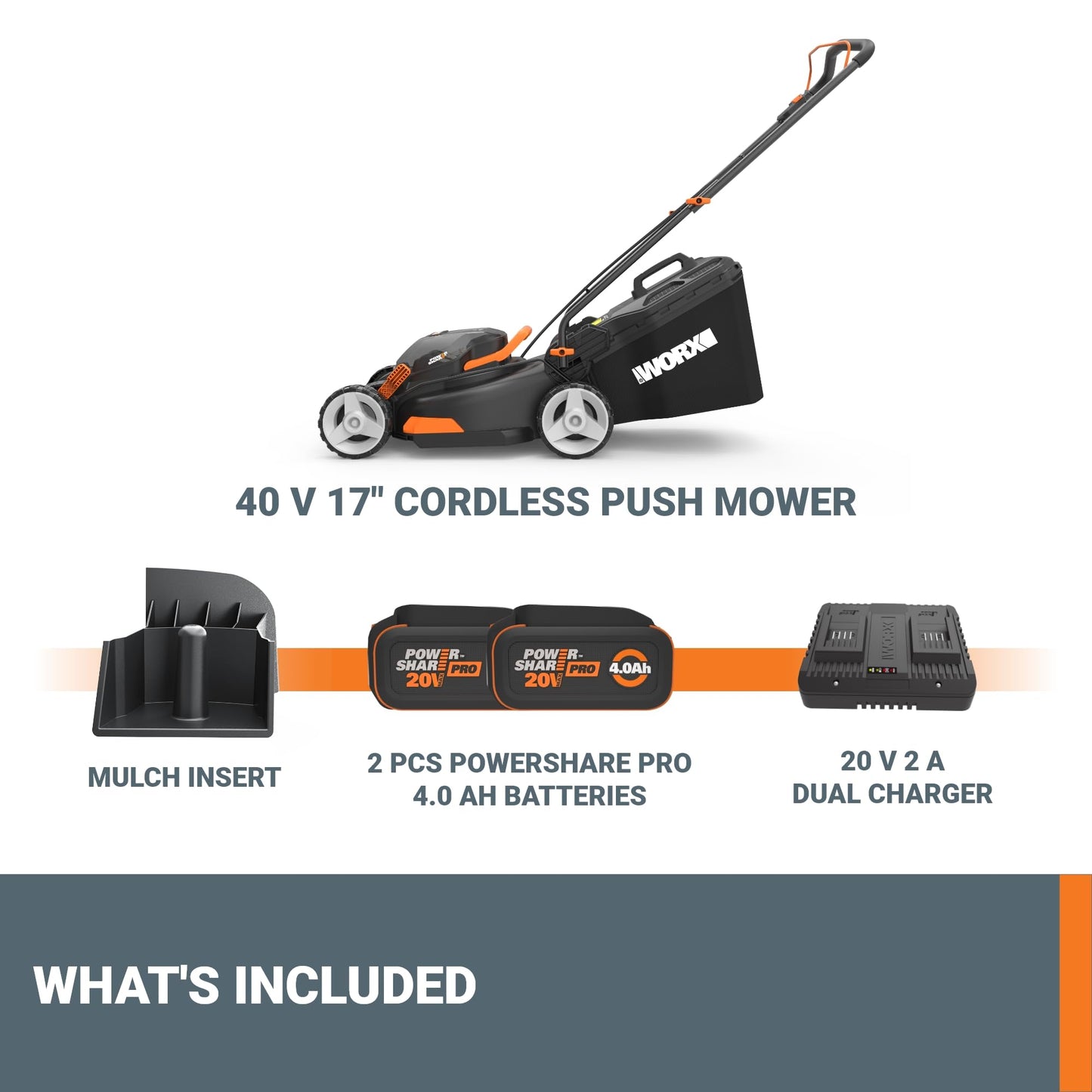 WORX 17" Cordless Lawn Mower, 2 in 1 Electric Mower Cuts Quietly, Compact & Lightweight Push Lawn Mower with 7-Position Height Adjustment for Small Yards, 2 Batteries & Charger Included, WG743