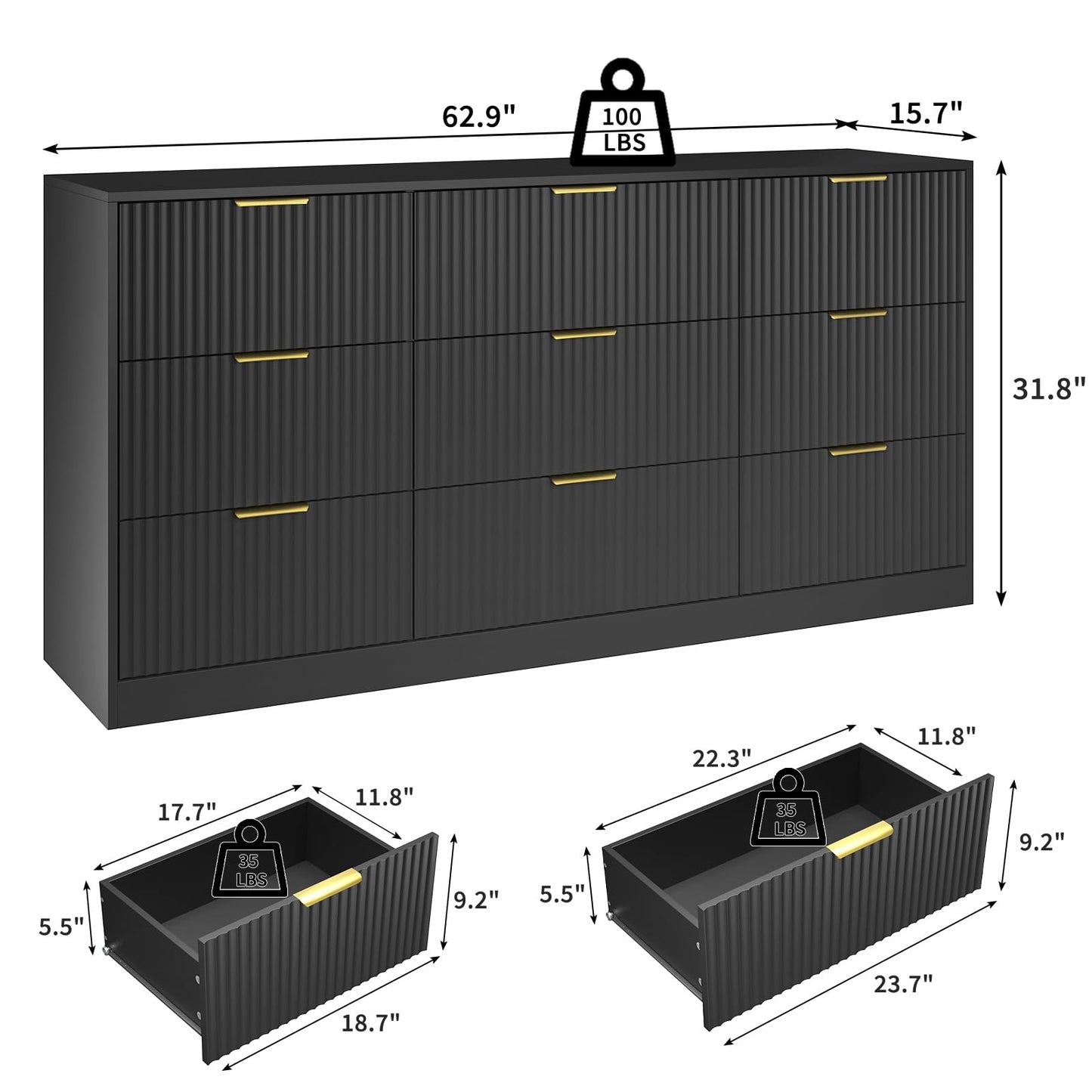 NOVAMAISON Dresser for Bedroom with 9 Drawer, 63” Long Black Dresser Modern Chest of Drawers with Metal Handle, Wood TV Stand Storage Organizer for Bedroom, Living Room, Black