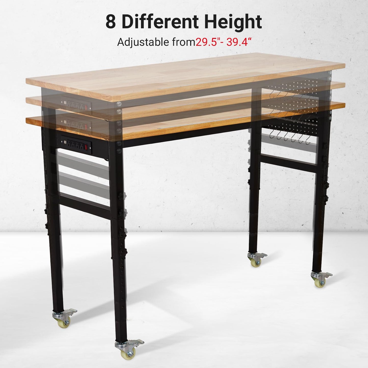 Adjustable Workbench with Wheels 70x21 Inches-Heavy Duty Adjustable Height Work Benches for Garage,Lockable Rolling Workbenches for Workshop and Home DIY 27.8"-39.5" Height