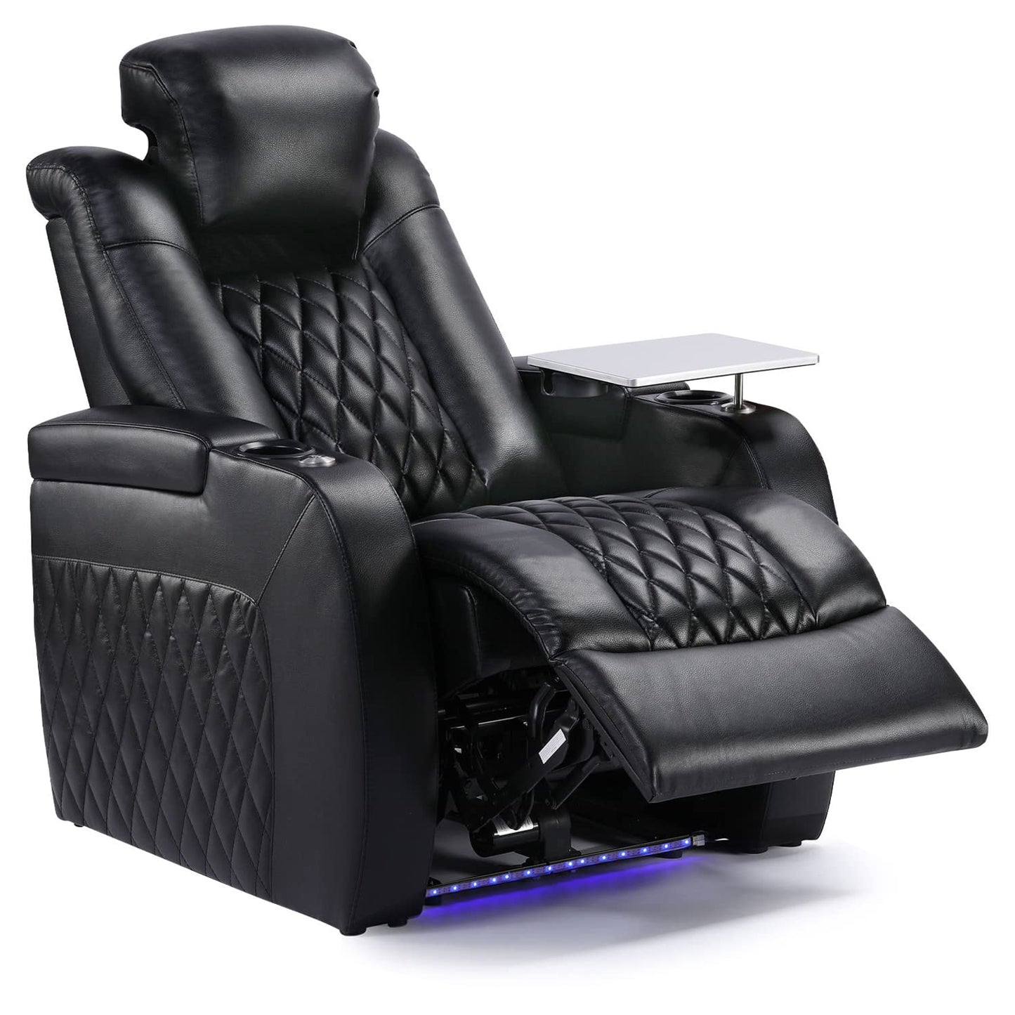 Weilianda Home Theater Seating Top Grain Leather Zero Gravity Recliner Chair Power Headrest Recline Movie Seat Gaming 7 Colors Mood Light Sofa with Tray Table USB Charge Row of 1 Black