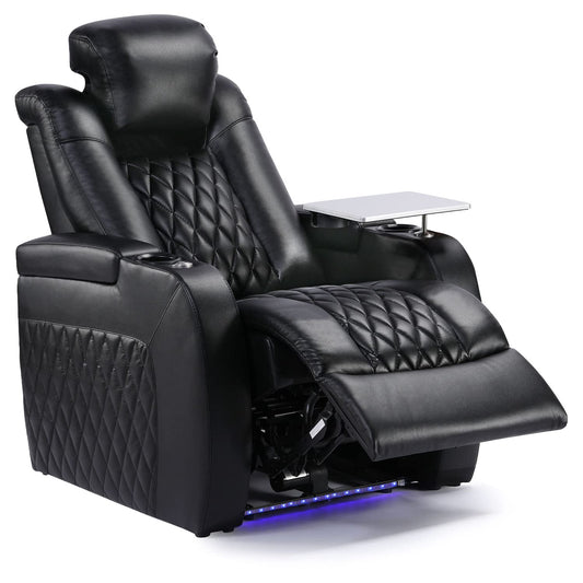 Weilianda Home Theater Seating Top Grain Leather Zero Gravity Recliner Chair Power Headrest Recline Movie Seat Gaming 7 Colors Mood Light Sofa with Tray Table USB Charge Row of 1 Black