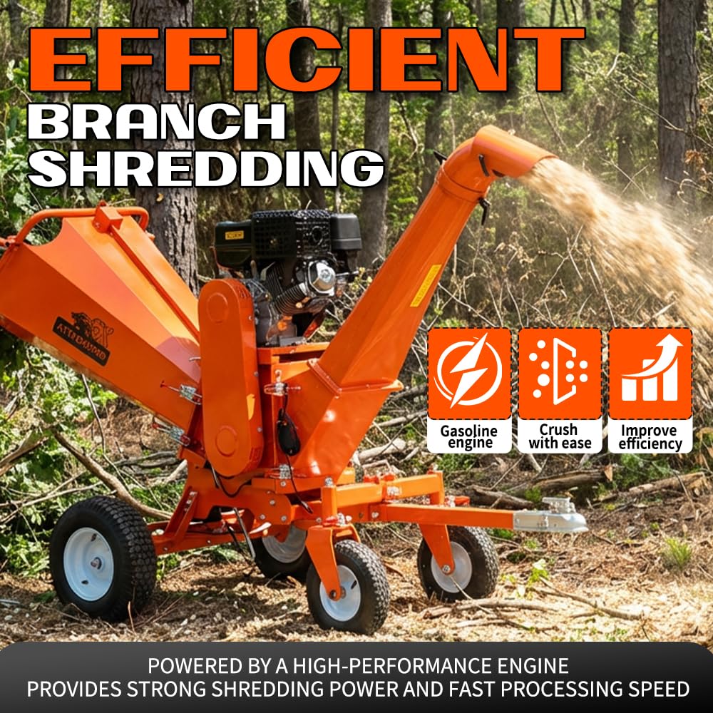 18HP 6 Inch 420cc Gas Powered Wood Chipper Shredder Mulcher, 4-Wheels Towable Wood Chipper Leaf & Branch Shredder with Towbar, Emergency Stop Button, Max Chipping Capacity for Wood Pellets (orange)