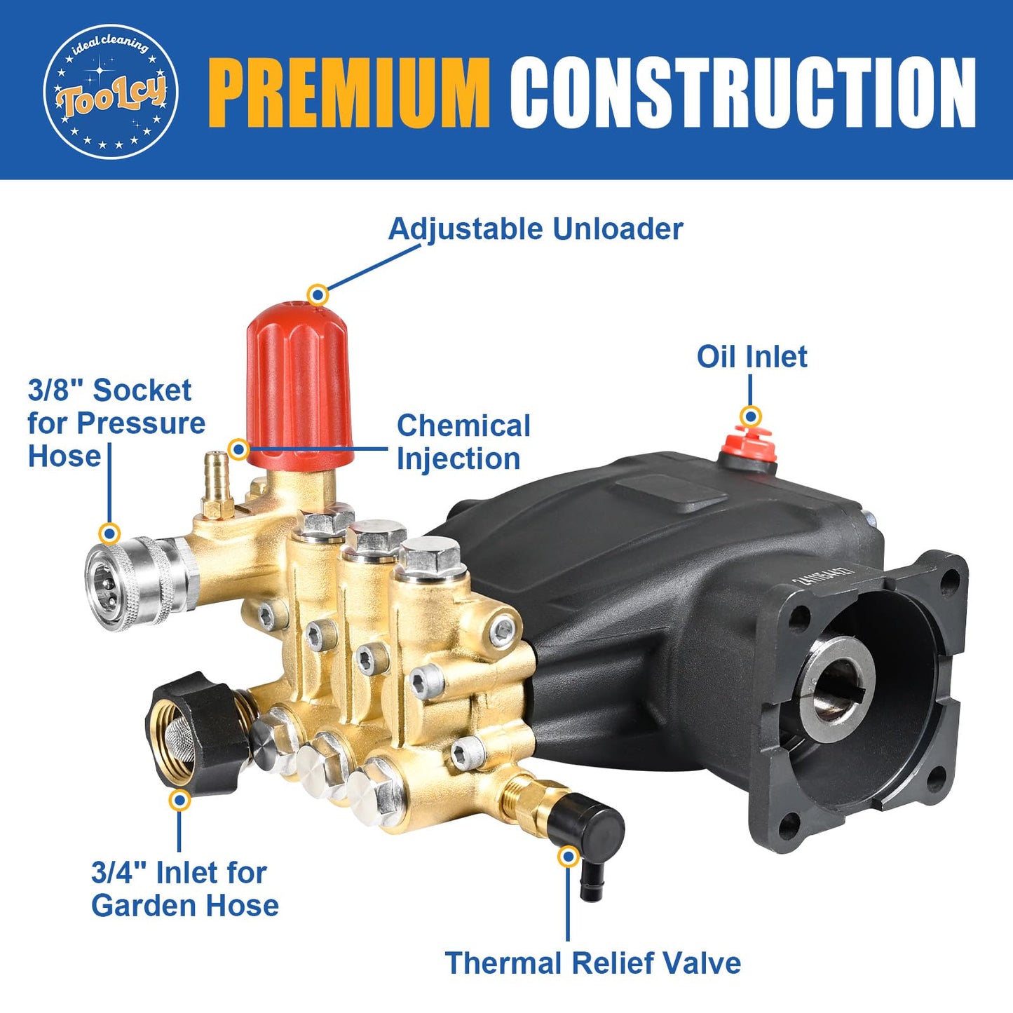 TOOLCY Pressure Washer Pump 3400 PSI Max 3.0 GPM, 3/4 Inch Shaft Horizontal Triplex Plunger Replacement, Direct Drive, with Unloader, 5 Nozzle Tips, 3/8" QC to M22-14mm Adapter