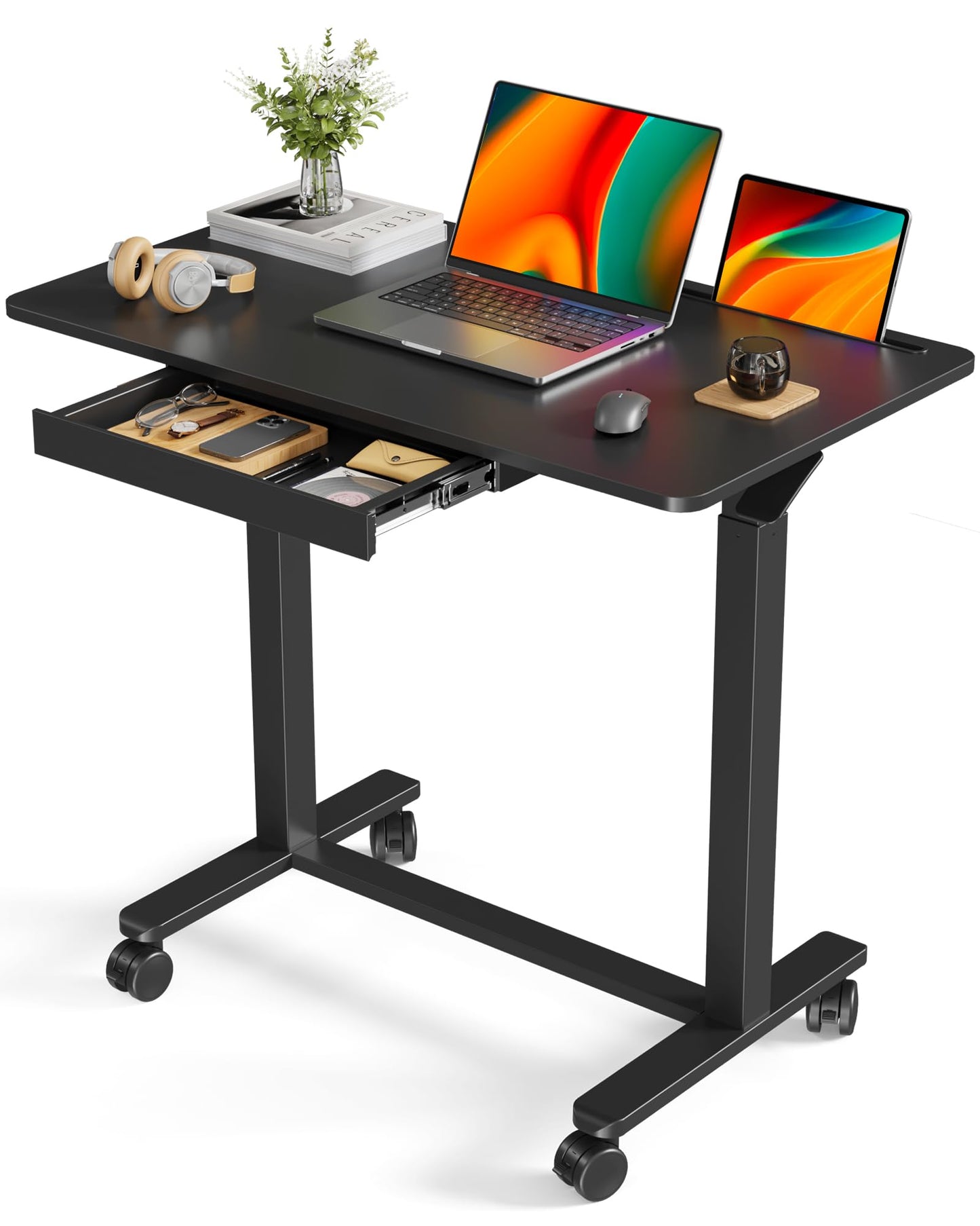 Liftsync Mobile Standing Desk, 35inch Small Rolling Table with Drawer, Height Adjustable Sit Stand Workstation, Black Portable Laptop Cart with Hidden Wheels or Lockable Casters