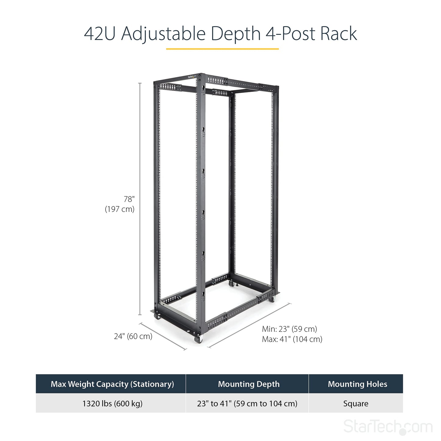 StarTech 42U 4-Post Server Rack, 19in Open Frame Rack with 40in (101cm) Mounting Depth and 1323lb (600kg) Weight Capacity, Mobile or Floor Mount IT Rack