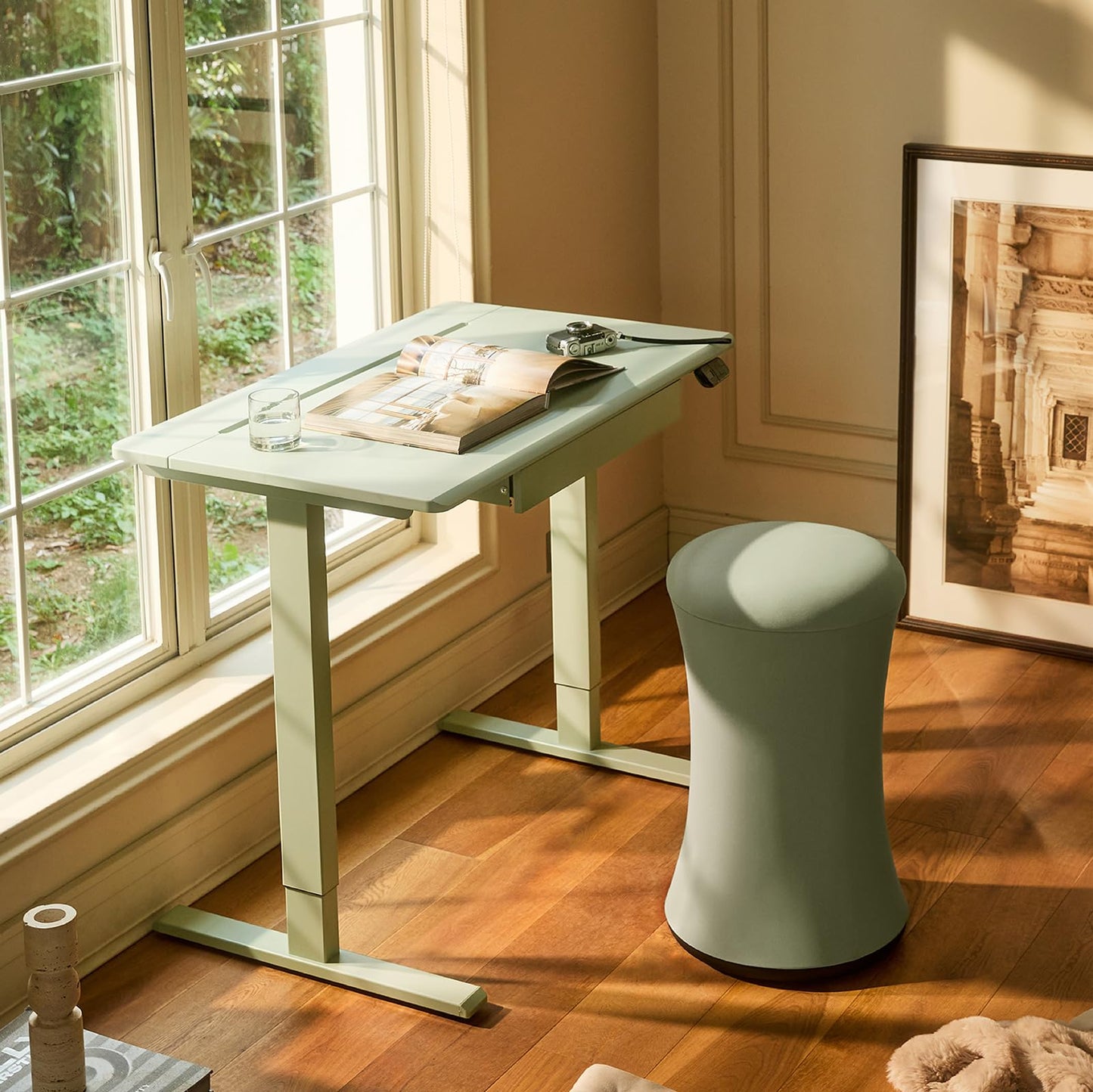 TopJob AnyDesk Hub Electric Standing Desk, Height Adjustable Small Desk with Built-in Drawer & Wide Desktop Wire Slot & Cable Management, Curved Waterfall Edge, 2 Memory Settings (Mint)
