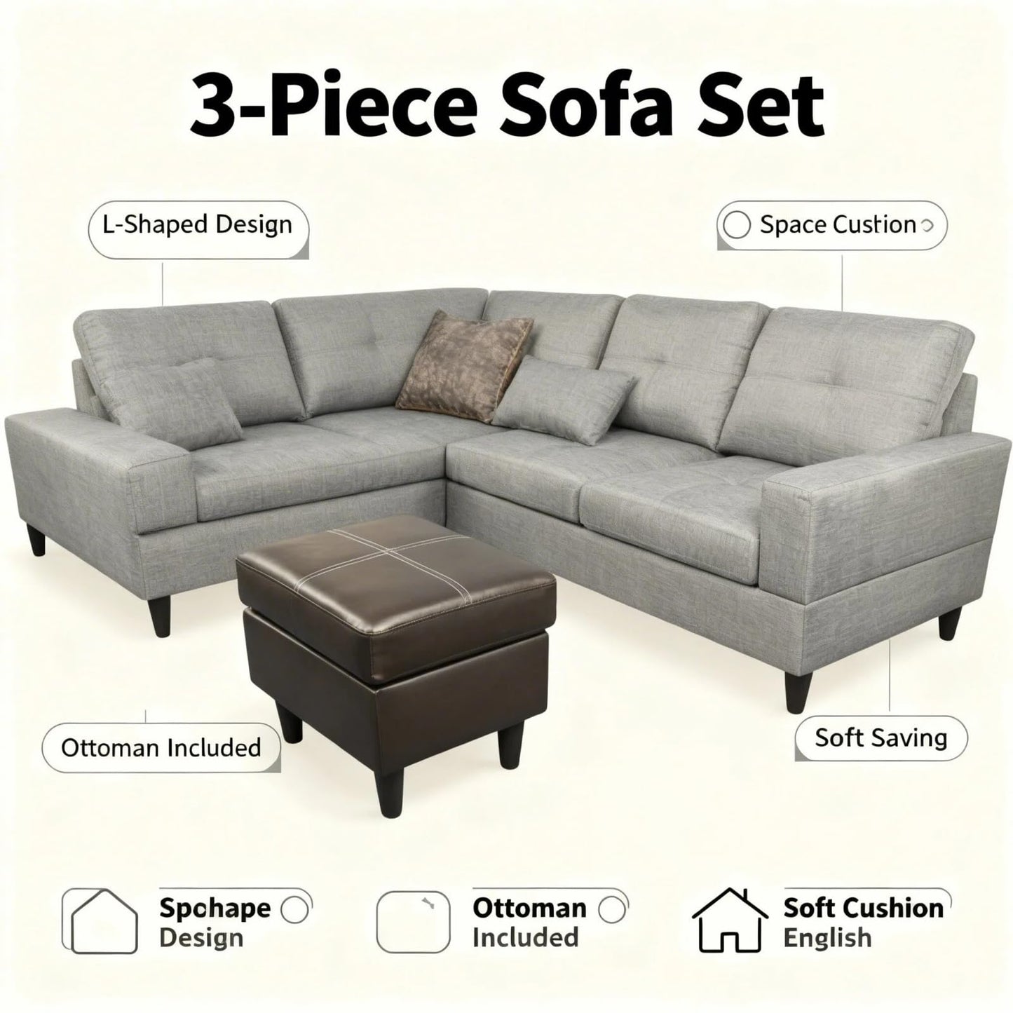 Trygoal 75 inch L-Shape Sofa with Storage Ottoman, Leather Sectional Couch with Right Chaise, Modern 3-Piece Sofa Set, Upholstered Couch Set with Solid Wood Frame for Apartment, Loft, Grey