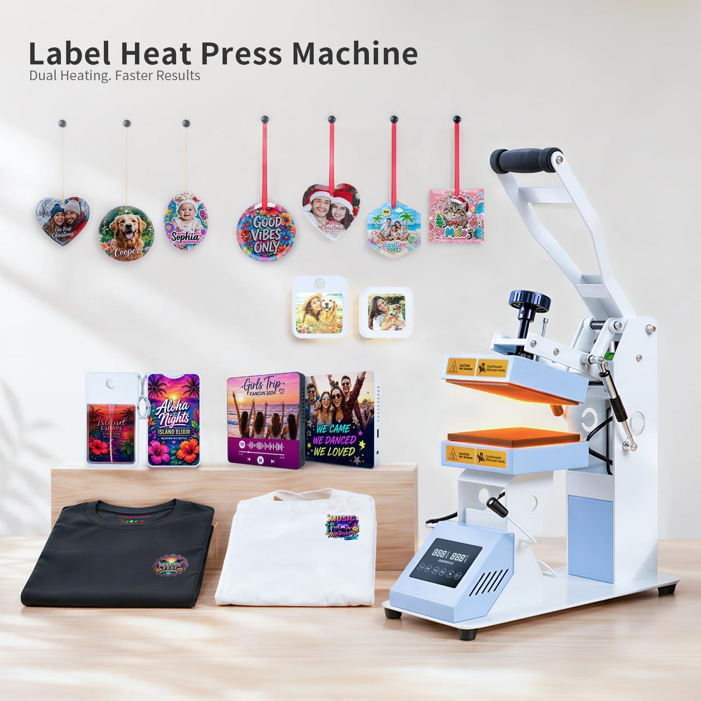 PYD Life 2 in 1 Top and Bottom Heat Press Machine H2C Pro Light Blue 110 V, Mini Combo Hat and Flat Press for DTF 3D UV DTF Labels, Double-Sided Blanks Sublimation Printing