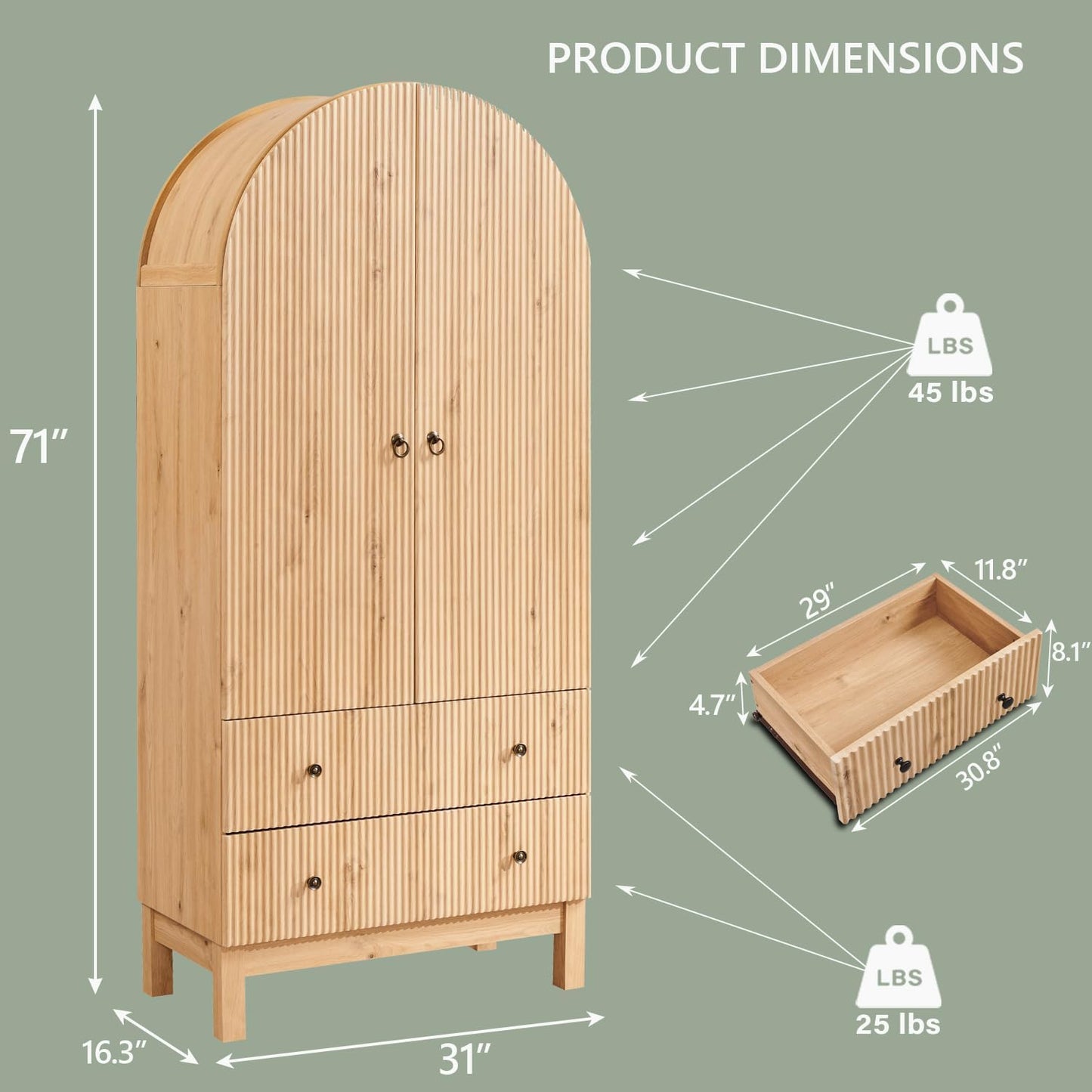 IFGET Fluted Arched Pantry Cabinet, 71" Tall Kitchen Storage Pantry Cabinet with Adjustable Shelves and 2 Large Drawers, Freestanding Morden Versatile Cupboard for Living Room, Bathroom, Natrual