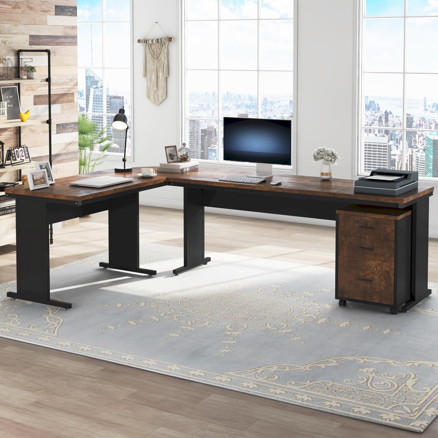 Tribesigns 83" L-Shaped Executive Desk, Large Office Desk with Drawers, Industrial Corner Computer Table with Rolling File Cabinet, Business Workstation for Home Office (Brown, 83 Inches)
