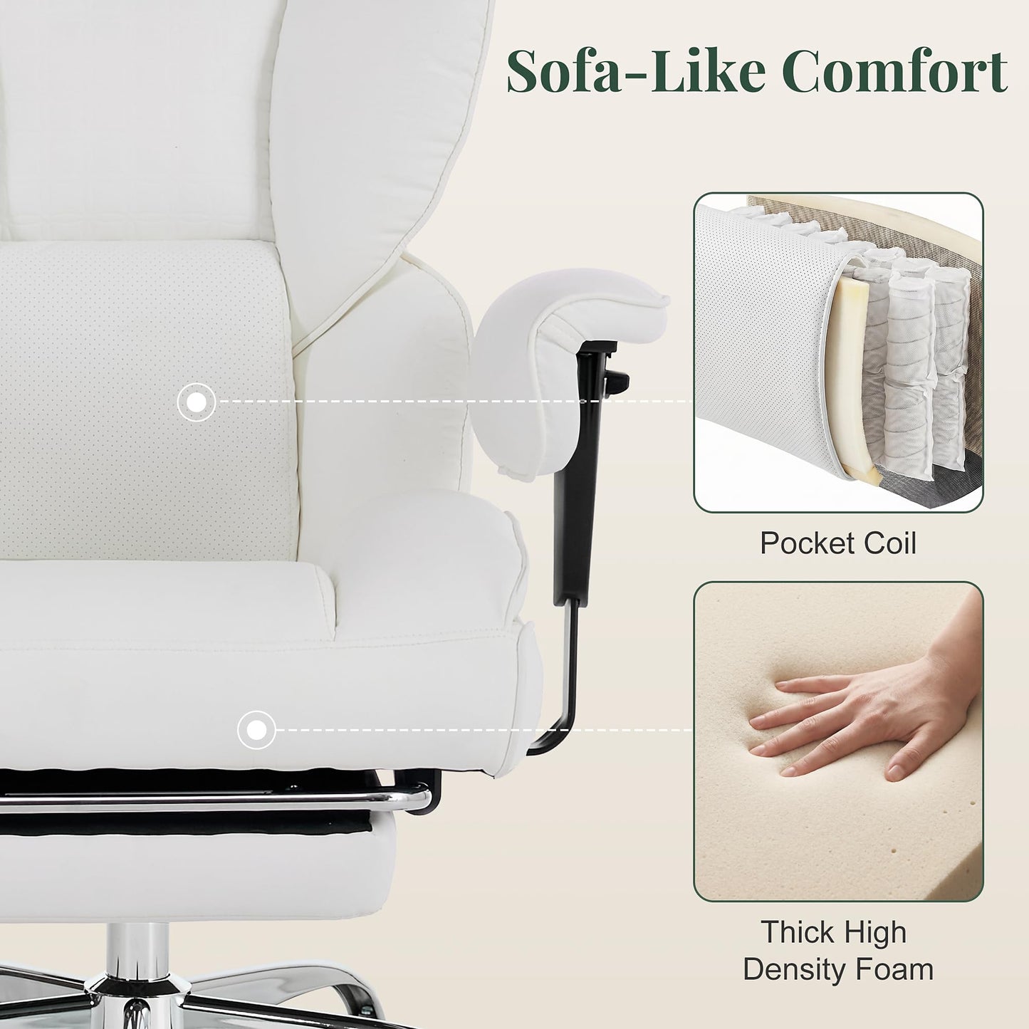 HAPPYMONT Big and Tall Ergonomic Office Chair,350 lbs,High Back Reclining PU Leather Gaming Chair with Footrest, Adjustable Armrests, Lumbar Support, Executive Desk Chair for Home Office, Beige