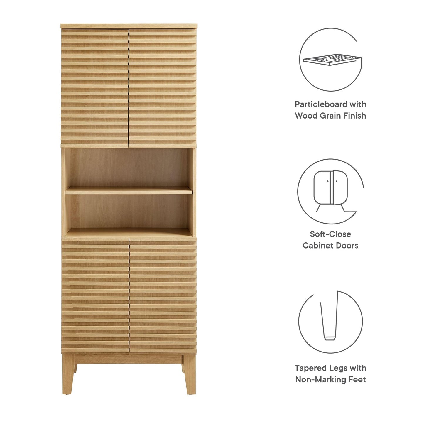 Modway Render Tall Bathroom Storage Tower in Oak - 63” Freestanding Linen Cabinet with Open Shelves and 4 Soft-Close Doors - Towel and Makeup Organizer