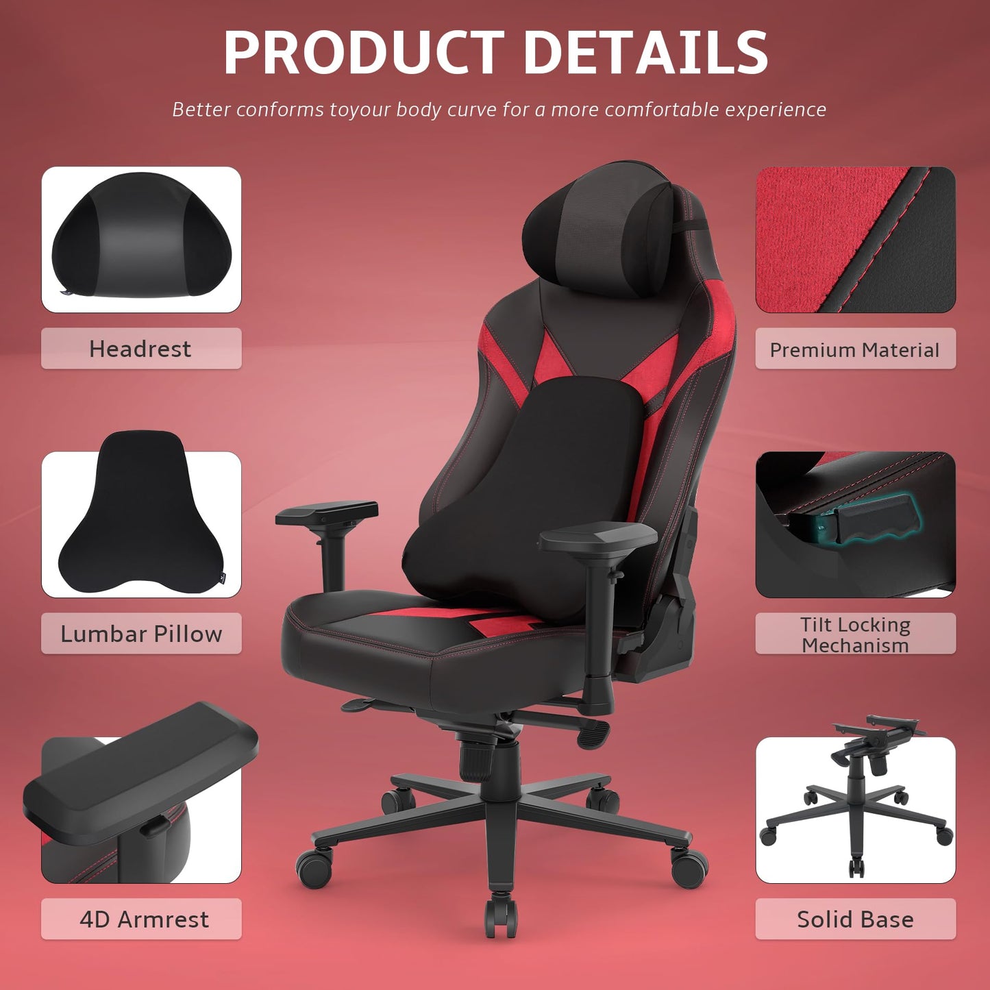 Wyrdforging Ergonomic Gaming Chair, Computer Desk Chairs, 4D Armrests, High Back Office Chair with Headrest & Lumbar Pillow, Tilt Rocker Recliner, Heavy-Duty Base, Black PU Leather & Red Suede Combo