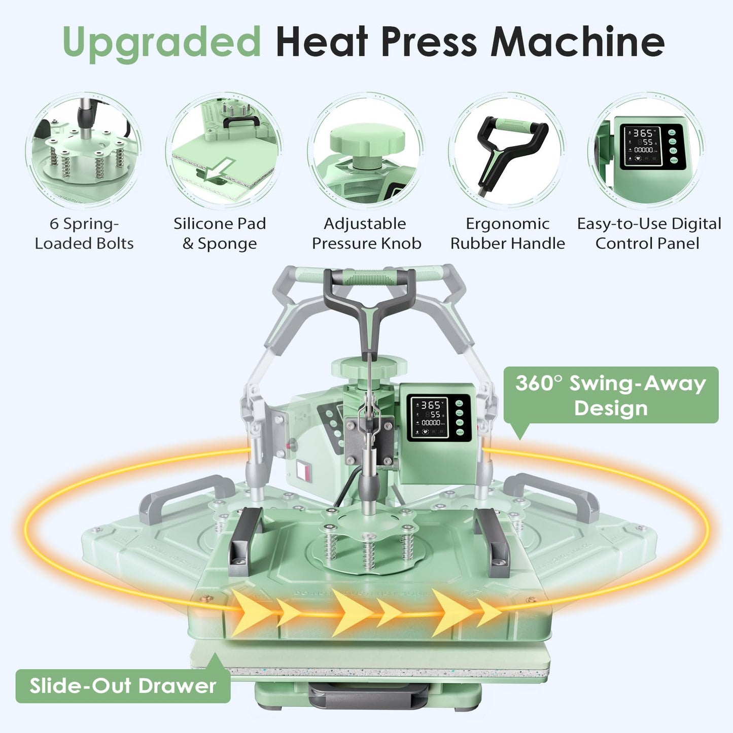Seeutek 12x15 Inch Heat Press Machine 5 in 1, 360° Swing Away Sublimation Heat Transfer Press with 20oz & 30oz Tumbler Attachments for T-Shirts, Hats, Mugs & Plates, Green