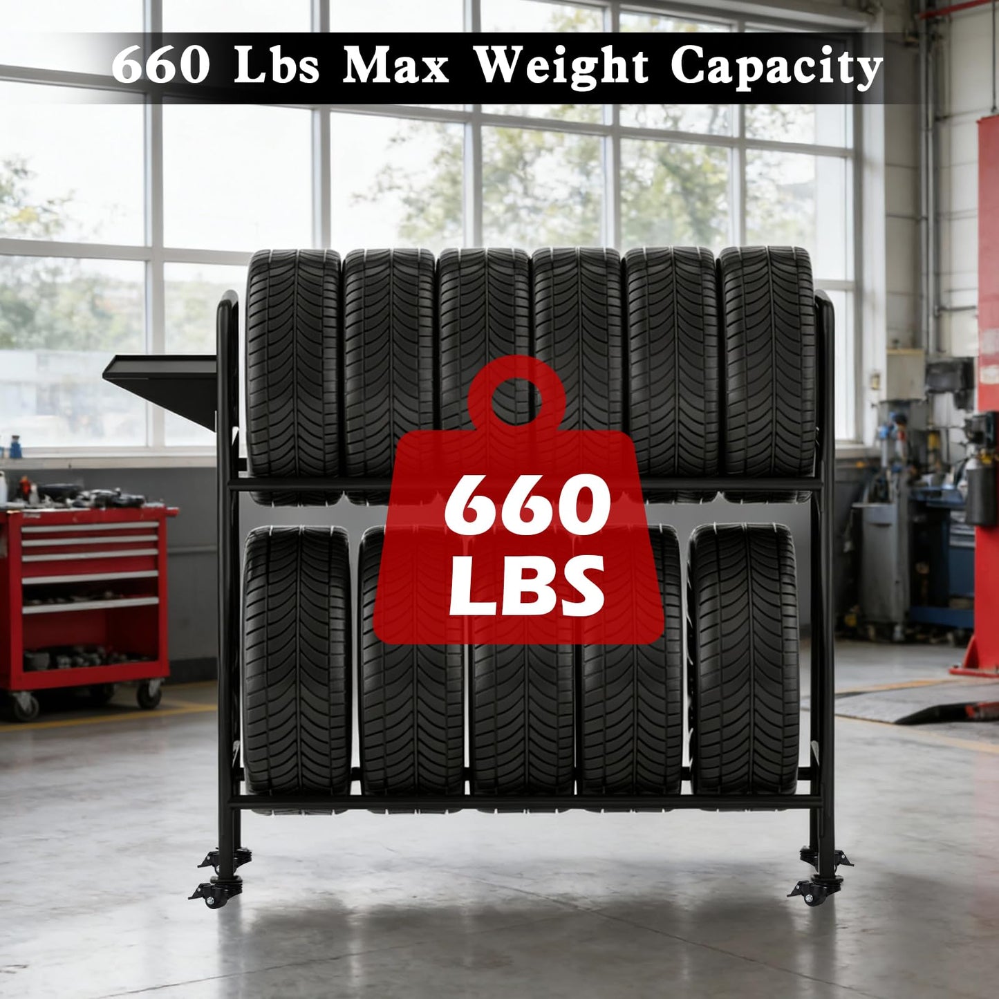 Vioranex Adjustable Rolling Tire Rack, Heavy-Duty Tire Storage Rack for Garage with 4 Self-Locking Casters, Foldable Hole Board, Metal, 59" H x 59" W