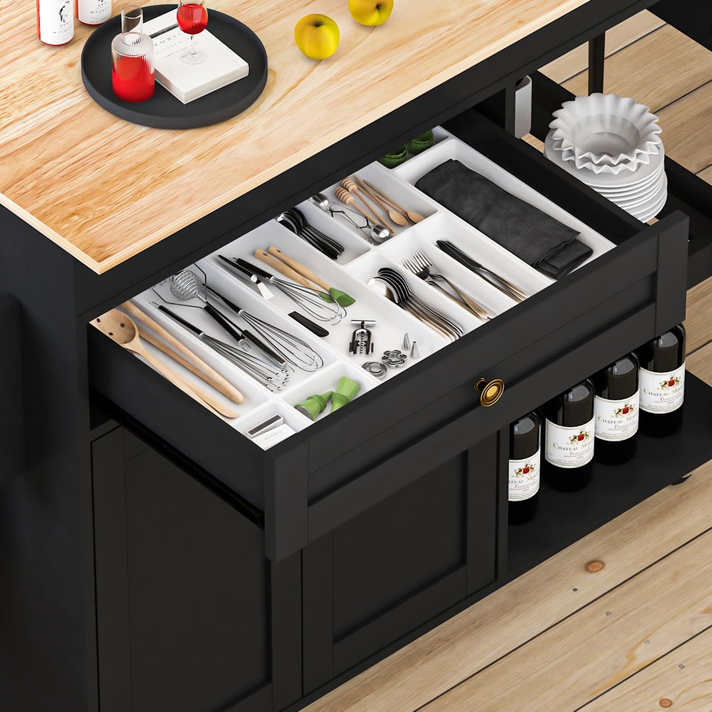 CayugaCrekrd 81.5" Kitchen Island with Extendable Dining Table, Rolling Kitchen Cart on Wheels with Spice Rack, Drawer and Door Cabinet for Dining Room, Black