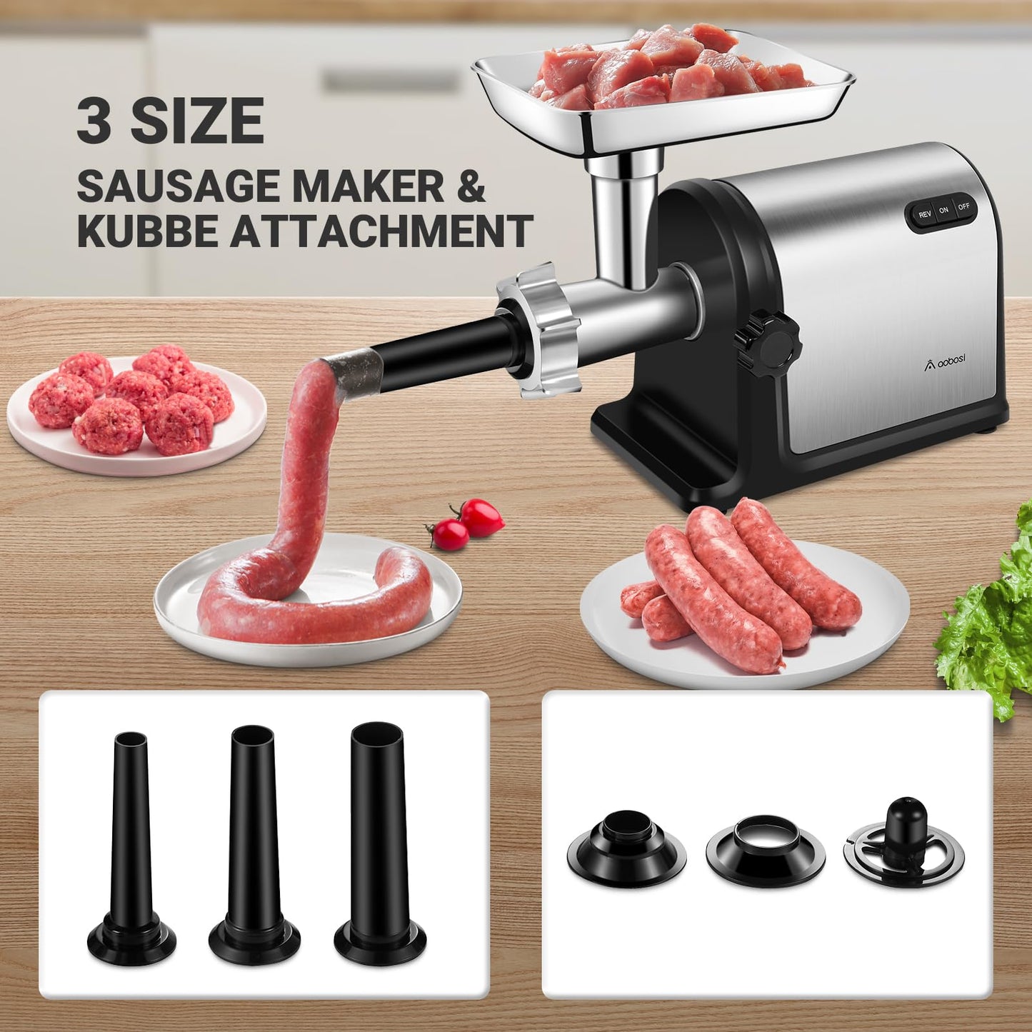 AAOBOSI Heavy Duty Stainless Steel Meat Grinder | 3000W Max | 3 Plates | 3 Sausage Stuffers | Stainless Steel Blade | Kubbe Maker | One-Button Control