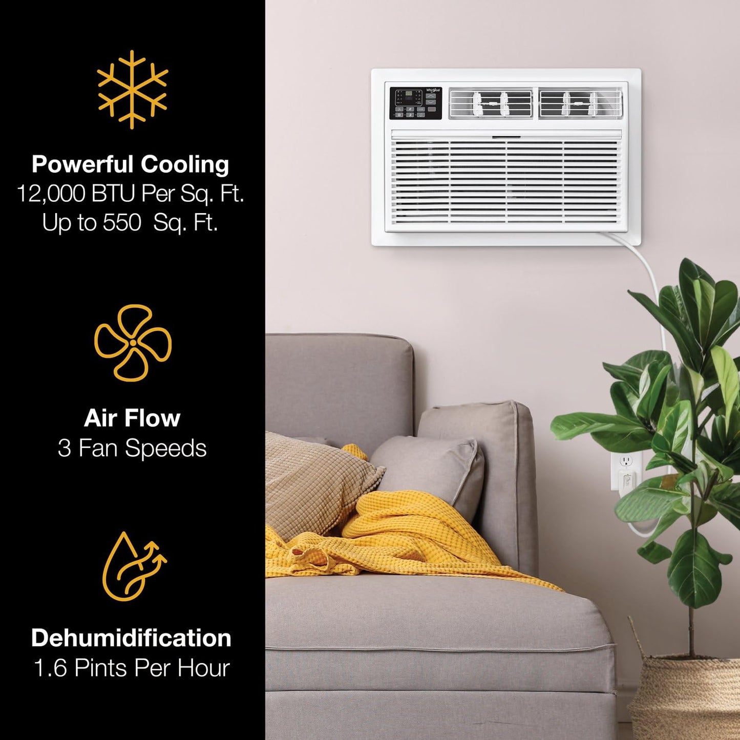 Whirlpool 12,000 BTU Through the Wall Air Conditioner, 115V, Cools up to 550 Sq. Ft for Living Room, Bedroom, Kitchen, Apartment, with Dehumidifier, Remote Control, Digital Display, 24H Timer, White
