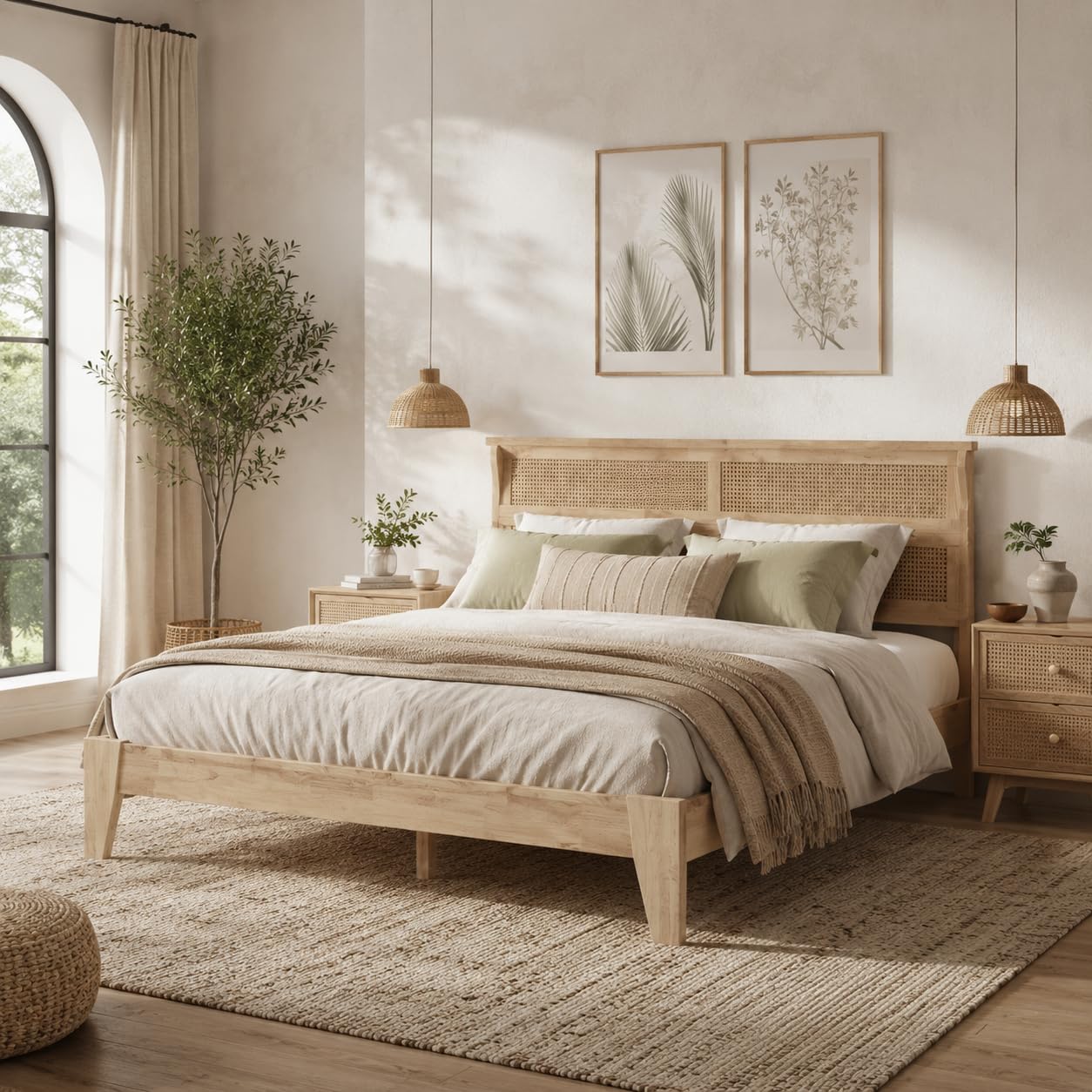 KEIKI King Size Solid Wood Bed Frame with Interwoven Rattan Headboard, Rubber Wood Platform Bed with Underbed Storage Space, Heavy Duty Support Legs, Noise Free Foundation, Natural
