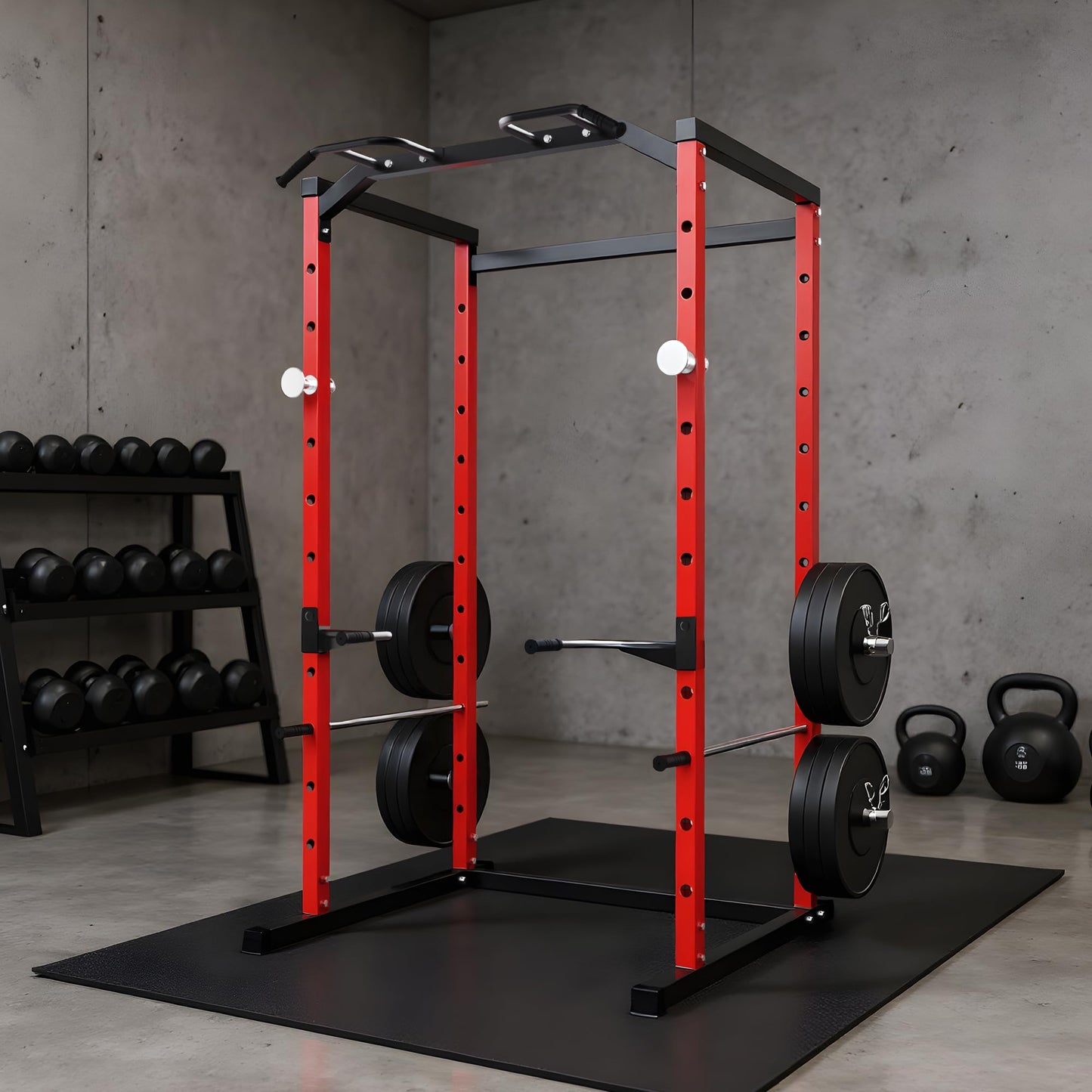 GarveeLife Power Cage Squat Rack for Home Gym, 1100 LB Capacity Power Rack with Pull-Up Bar, Dip Bars, & Adjustable Safety Bars, Strength Training for Home Gym, Red