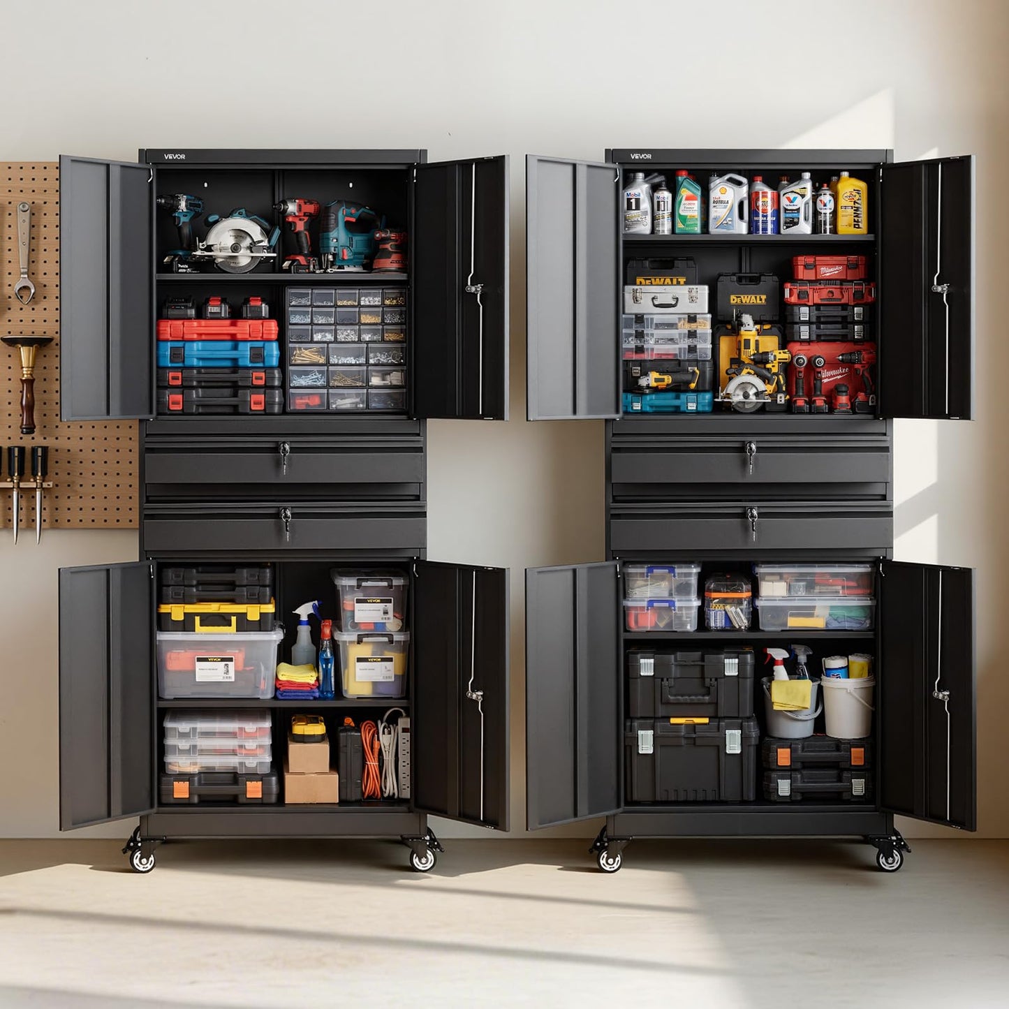 VEVOR Metal Storage Cabinet with Wheels, 180 lbs Shelf Load Capacity, 75" Tall Rolling Garage Tool Storage Cabinet with 4 Locking Doors and Adjustable Shelves, 2 Drawers, for Garage, Office, Home