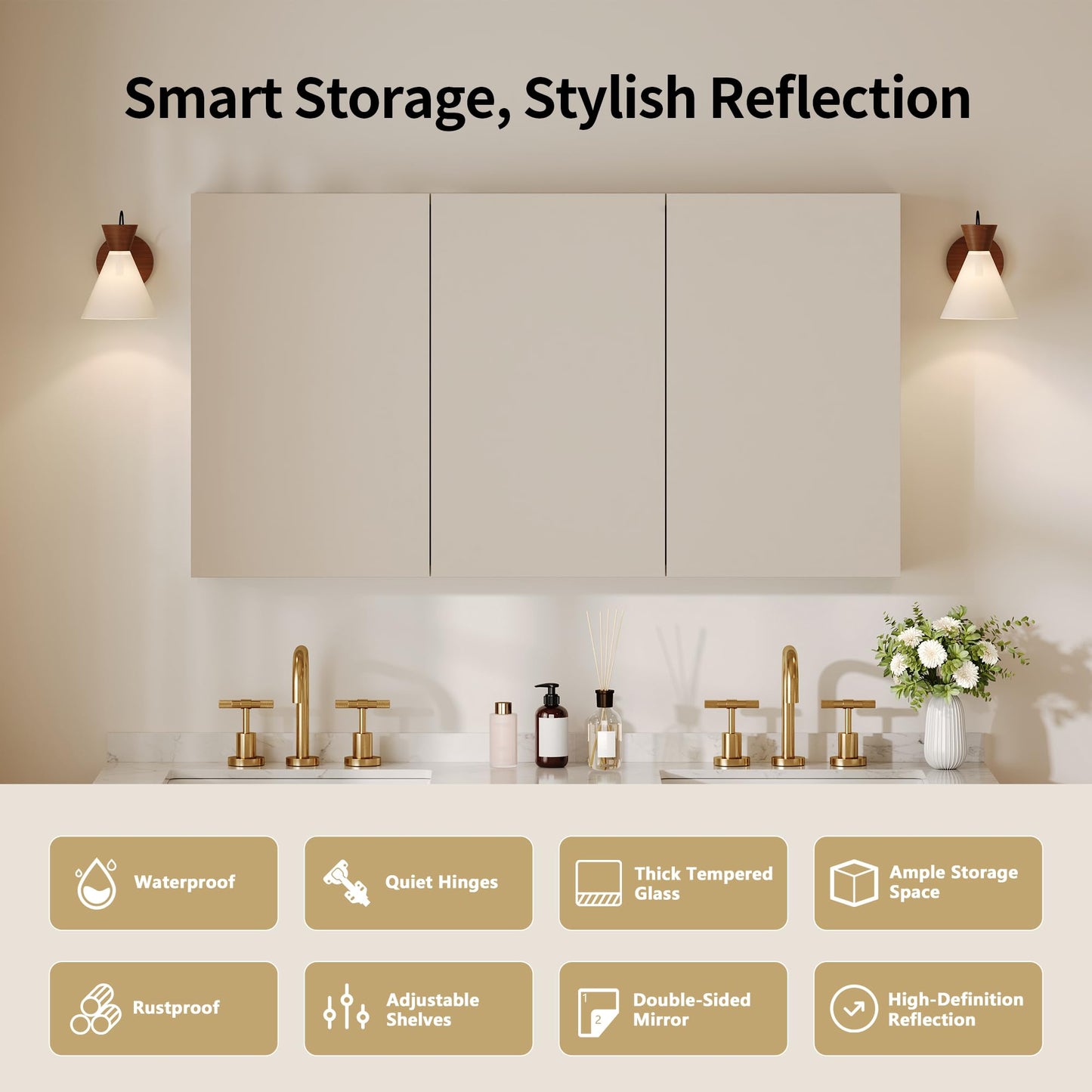 DeerValley Pre-Assembled Medicine Cabinet with Mirror, 48" W x 26" H Bathroom Mirror with Storage, 3 Doors Frameless Modern Wall Mount Mirrored Medicine Cabinets with 2 Adjustable Shelves DV-1MC0149
