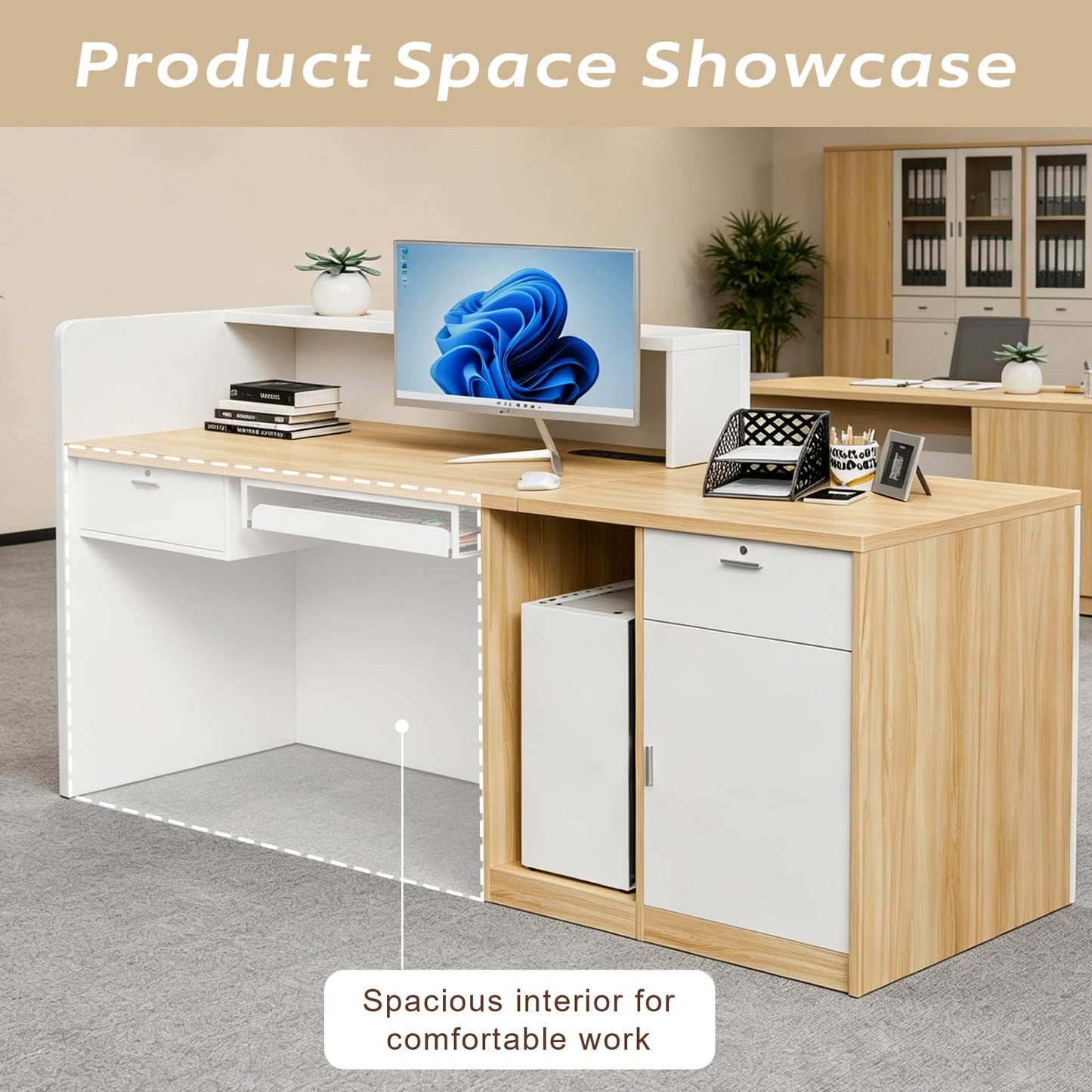 Reception Desk with Cabinet,63 Inch Modern Front Desk Reception with Cable Grommet and Keyboard Tray,Ample Workspace, Easy Assembly,for Office,Checkout Counter,Hotel Lobby(White)