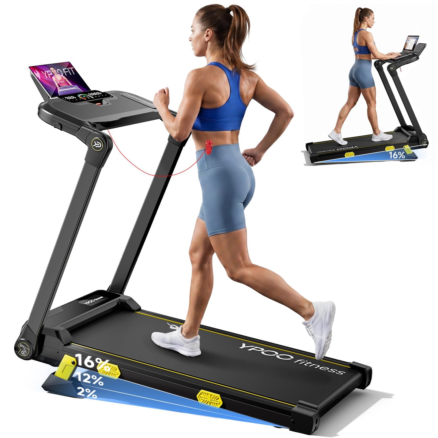 YPOO T7 Walking Pad Treadmill with Desk and Incline, 0.6-7.5 MPH Portable Treadmill, 4 in 1 Foldable Treadmill for Home Office, 350 LBS, 3.5HP, APP and Remote Control, Dark Black