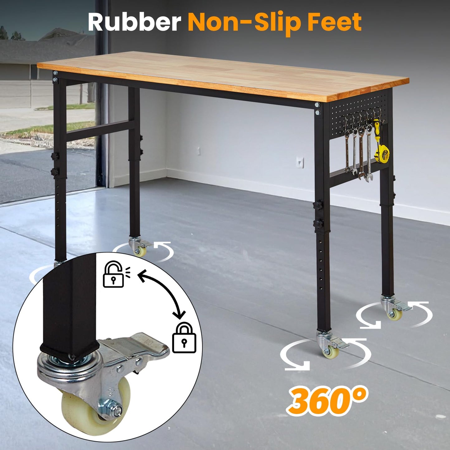 L-Shaped Adjustable Workbench 48"+48" with Power Outlet & Wheels - 2000lbs Capacity Heavy Duty Garage Workshop Table with Pegboard & Rubber Wood Top for Home Office DIY Projects