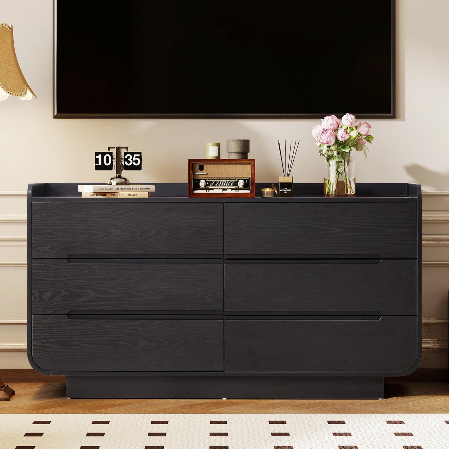 YUCHIATH Curved 6 Drawer Dresser for Bedroom, Modern 53-Inch Chest of Drawers, Wood Storage Dresser Organizers with Hidden Handles, 6 Drawer Dressers for Bedroom, Nursery, Living Room, Black