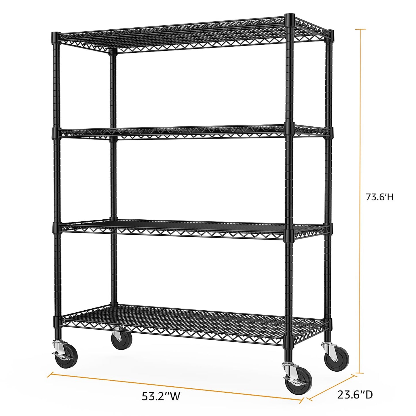 M MZG 53" W Storage Shelves 1760LBS 4 Tier Metal Shelving Unit with Wheels Heavy Duty Garage Shelving Adjustable Wire Shelves for Pantry,Kitchen,Garage,Basement,Black 23.6" D x 53.2" W x 73.6" H
