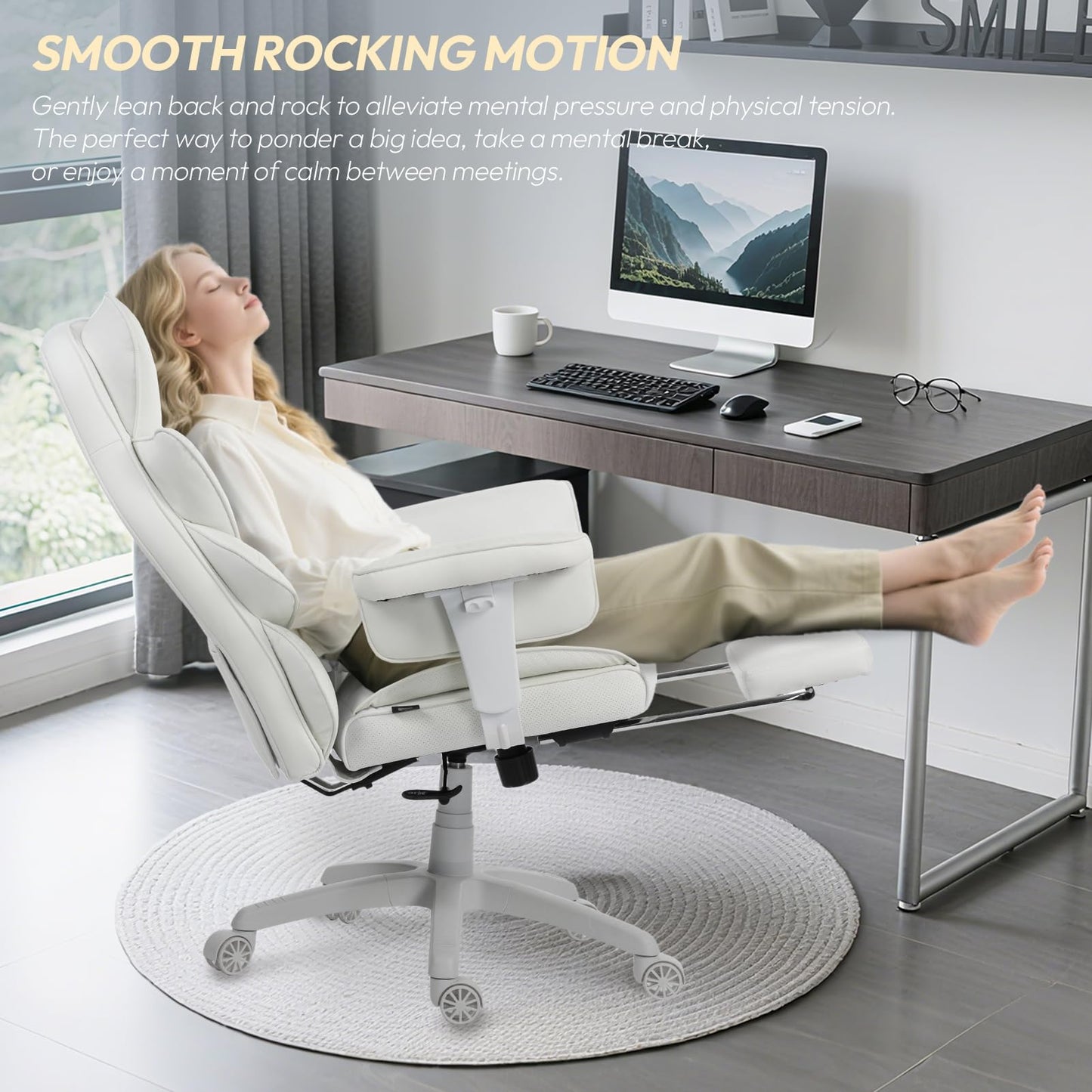 Dowinx Big and Tall Office Chair with Pocket Spring Cushion,High Back Computer Gaming Chairs with Adjustable Armrests and Lumbar Support,Executive Desk Chairs with Footrest(PU,White)