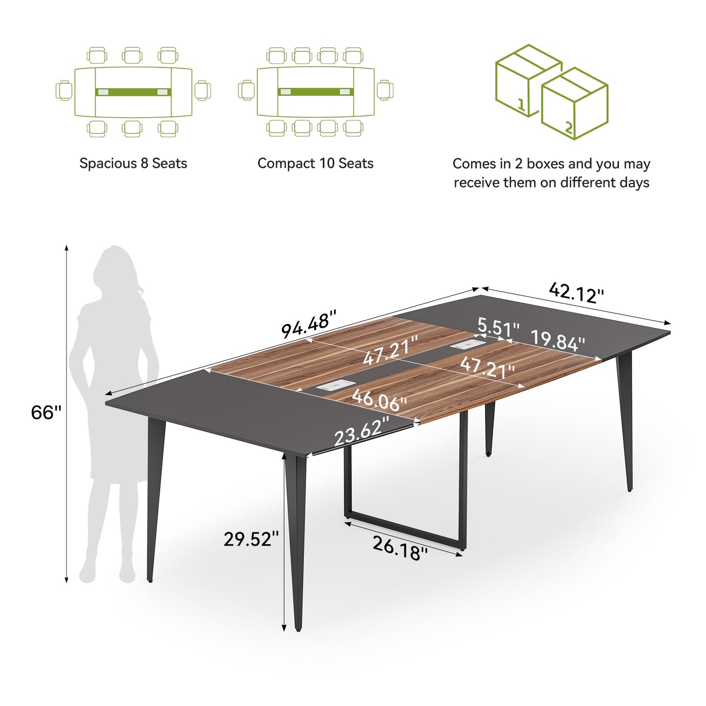 LITTLE TREE 8FT Conference Room Table, 94.48L x 47.21W x 29.52H Boat Shaped Meeting Table, Dark Walnut