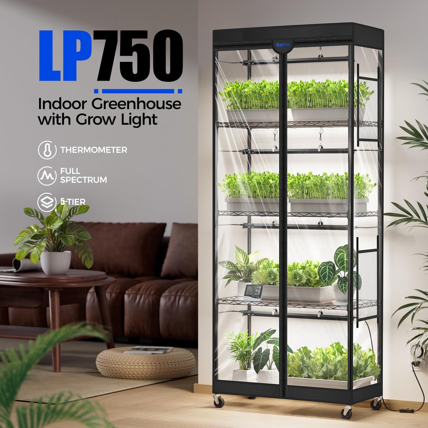 Barrina LP750 Indoor Greenhouse with Grow Light, 5-Tier Plant Stand with Light 140W TX-S35 2FT, 5000K Full Spectrum Plant Shelf with Tent, Timer & Thermometer for Seed Tray Growth 29.5 x 13.8 x 70.9IN