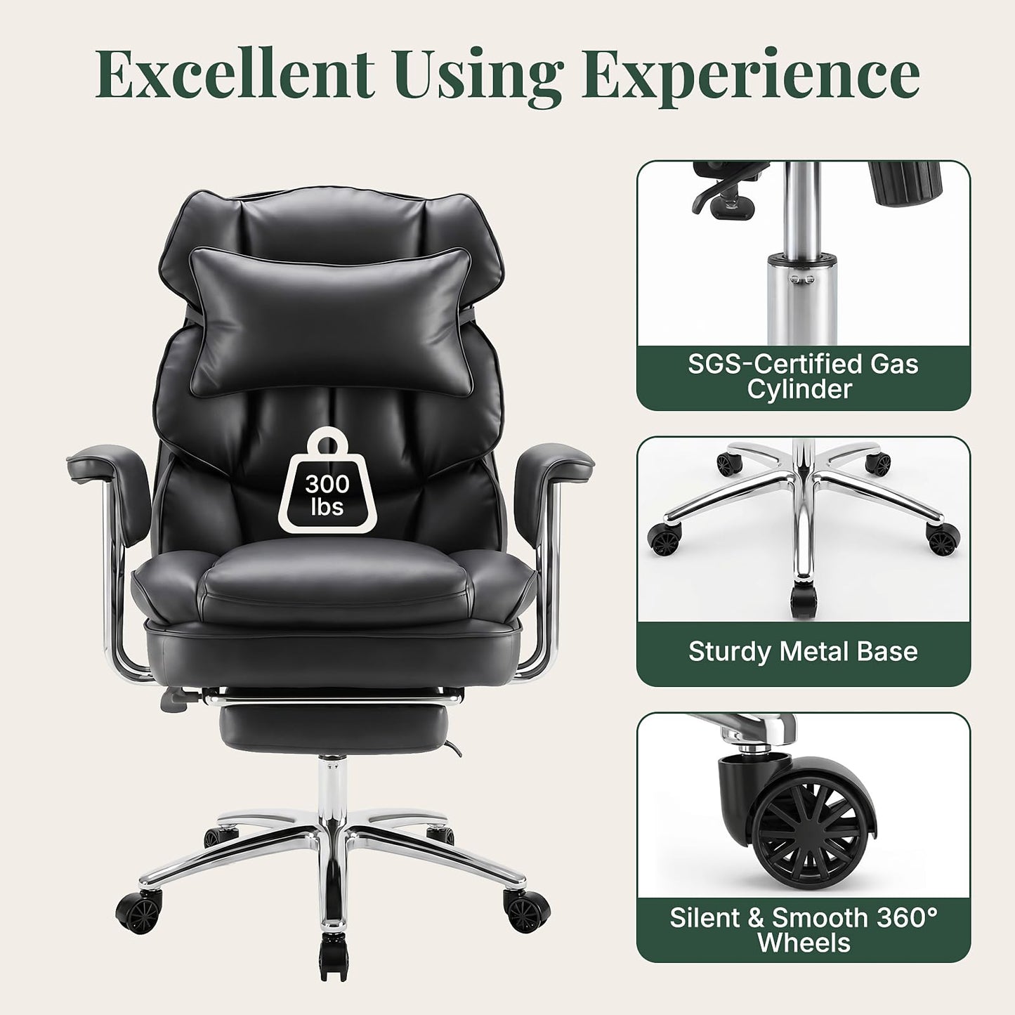HAPPYMONT Executive Ergonomic Office Chair, PU Leather High Back Reclining Office Chair with Footrest and Lumbar Support, Height Adjustable Rolling Swivel Computer Chair for Home Office,Black