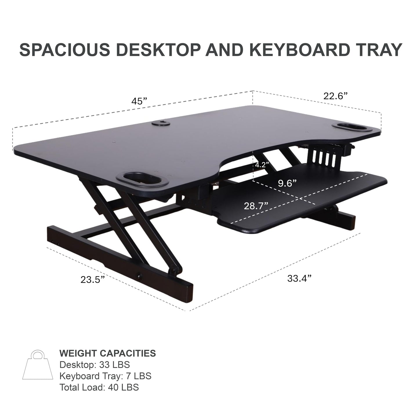 Rocelco 45" Height Adjustable Standing Desk Converter - Slide Out Retractable Keyboard Tray - Sit Stand Up Triple Monitor Riser - Dual Piston Lift Tabletop Computer Workstation - Black (R ADRB-45)