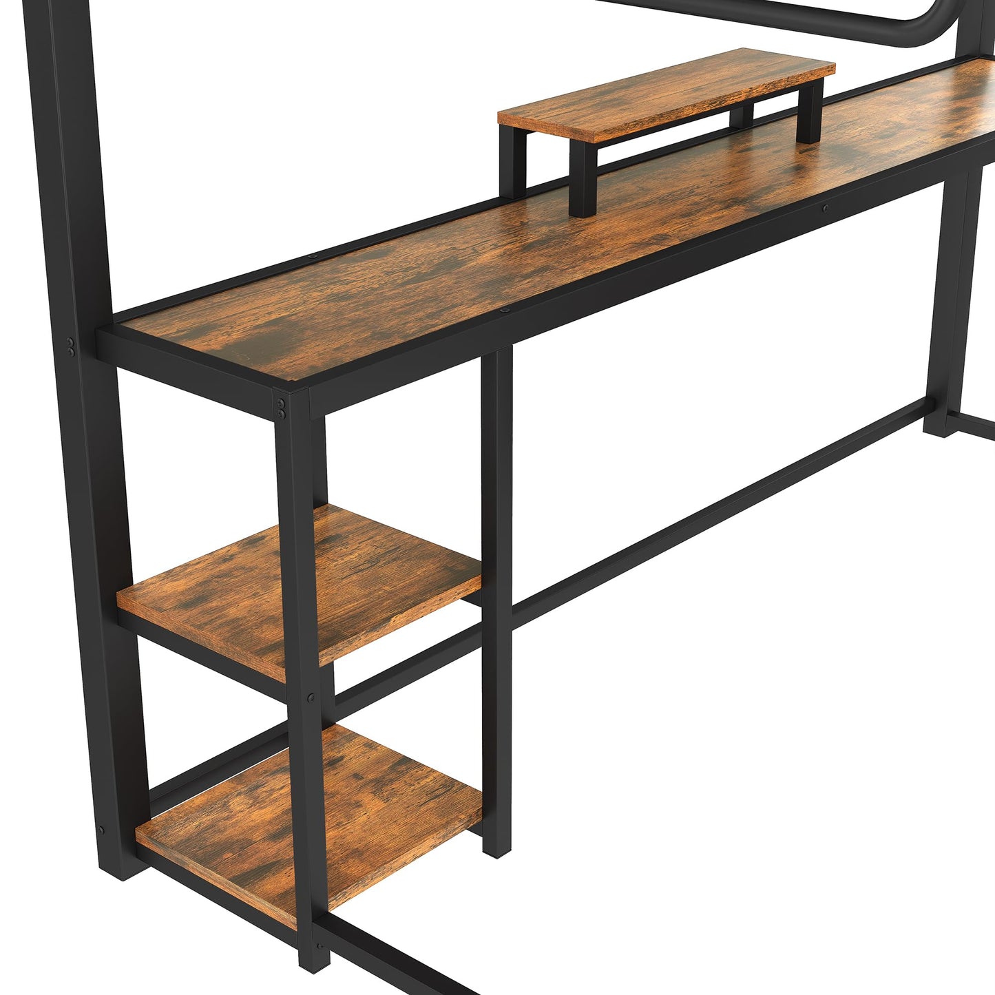 Bellemave Full Loft Bed with L-Shaped Desk and Storage Drawers, Full Size Loft Bed Frame with Computer Monitor Stand, Corner Shelf and Hanger Rod, Adults Loft Beds Nosie-Free, Black