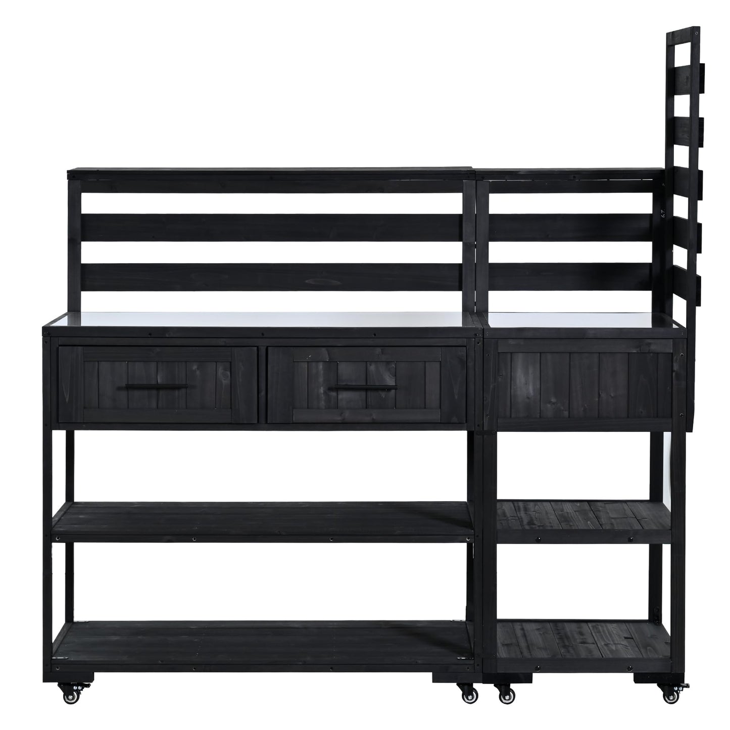 Merax 62.3'' Outdoor Mobile Kitchen Island on Wheels with Stainless Table Top, Outdoor Prep Cart Grill Table with Raised Shelf and Drawers for BBQ, Party, Black