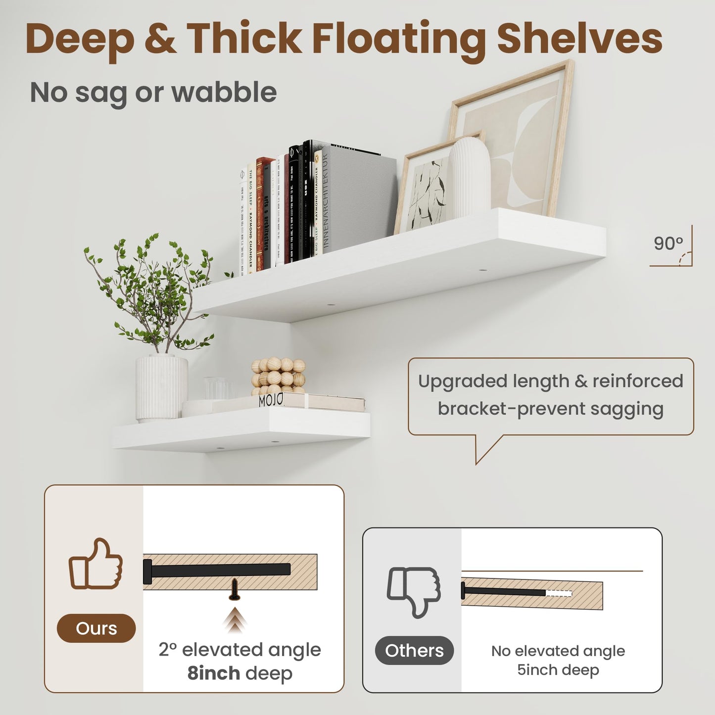 72 Inch Floating Shelves for Wall, 8 Inch Deep Floating Shelf for Storage & Display, Rustic Wall Mounted Shelf with Invisible Brackets for Living Room, Kitchen, Bathroom, Home Decor, Set of 2, White