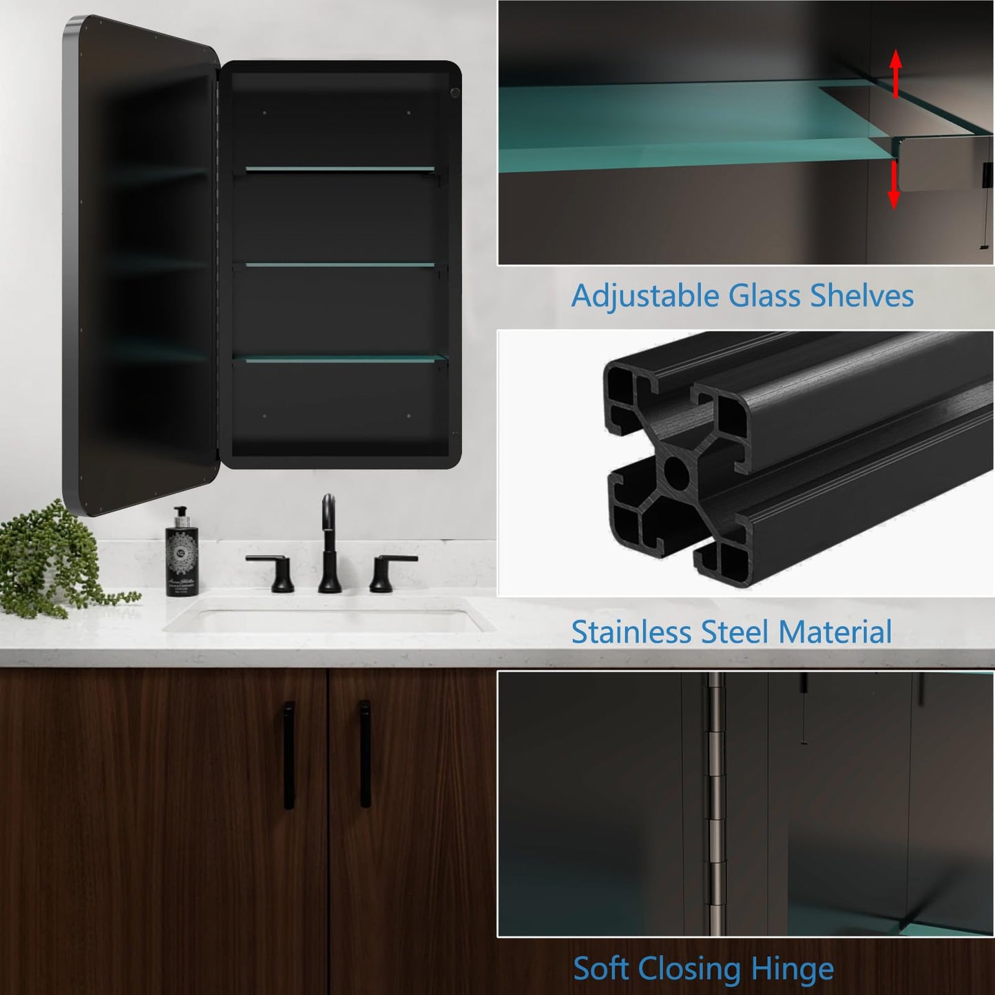HESONTH Medicine Cabinet with Mirror, 20x26 Inch Black Bathroom Mirrored Cabinet, Metal Framed Wall Cabinet with Mirror, Modern Surface Mount or Recessed Medicine Cabinet with Storage
