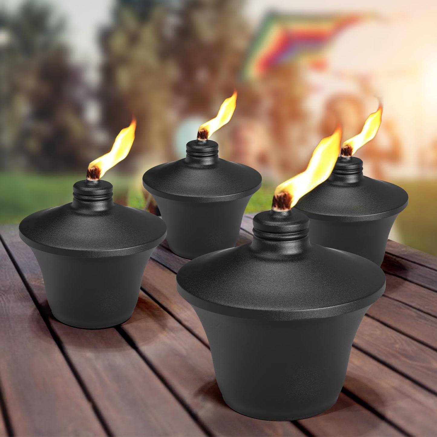 FALBAWR Citronella Tabletop Torches, 14.5 oz Metal Oil Burners, Black, 4-Pack, Fiberglass Wick for Outdoor Use
